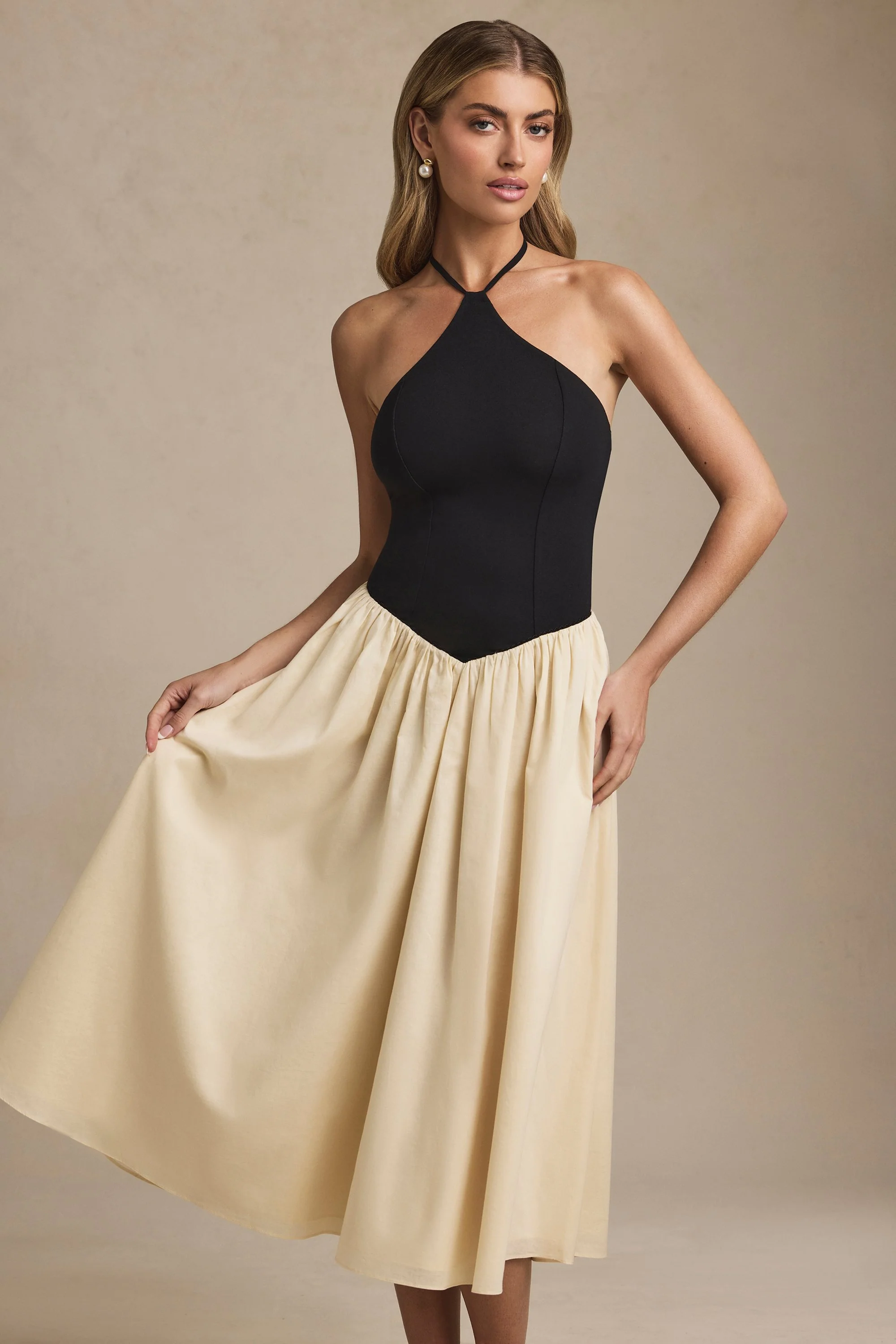 Halterneck A-Line Midaxi Dress in Black