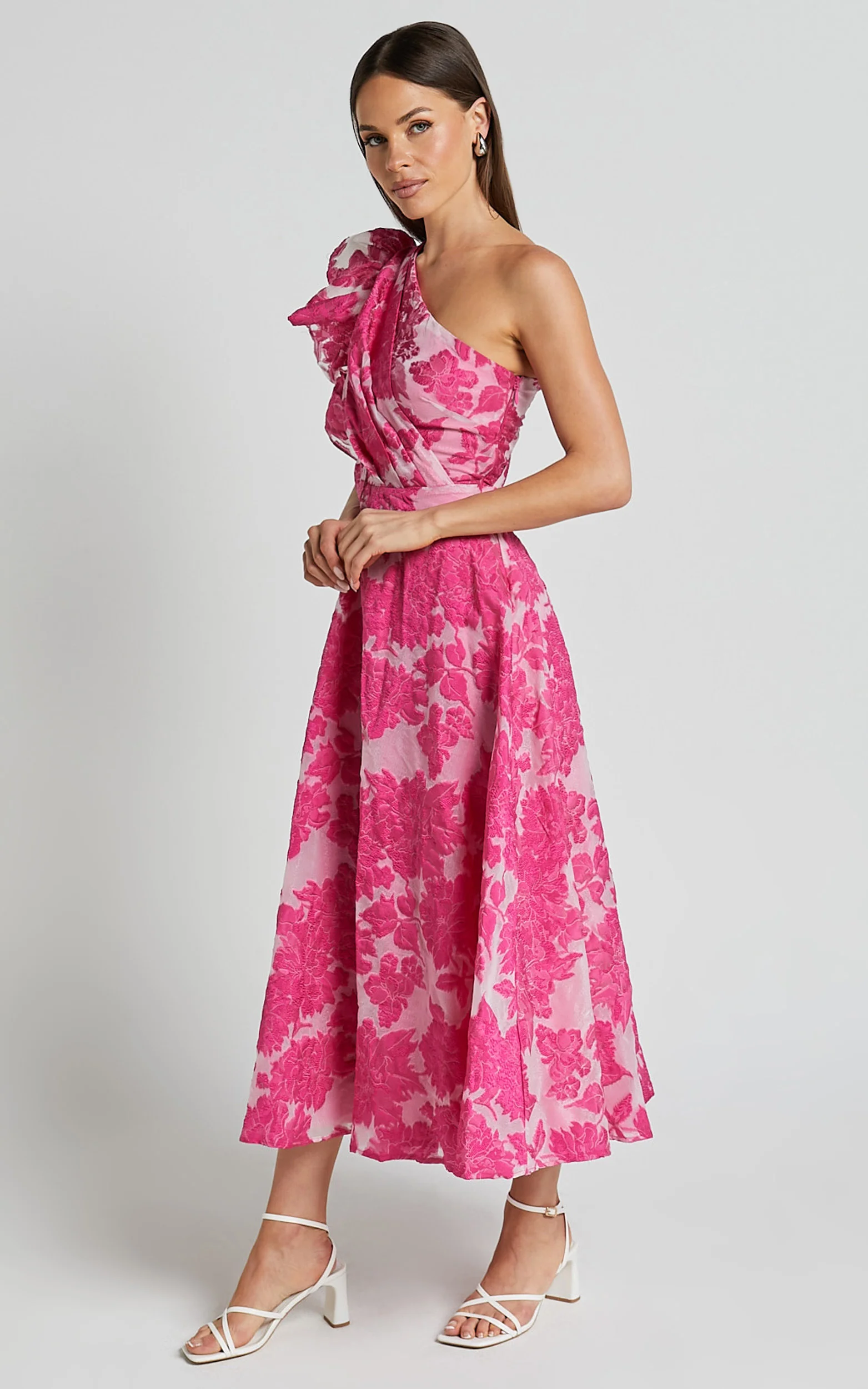 Alfreda Midi Dress - One Shoulder Ruffle Detail Brailey Jacquard Dress in Pink