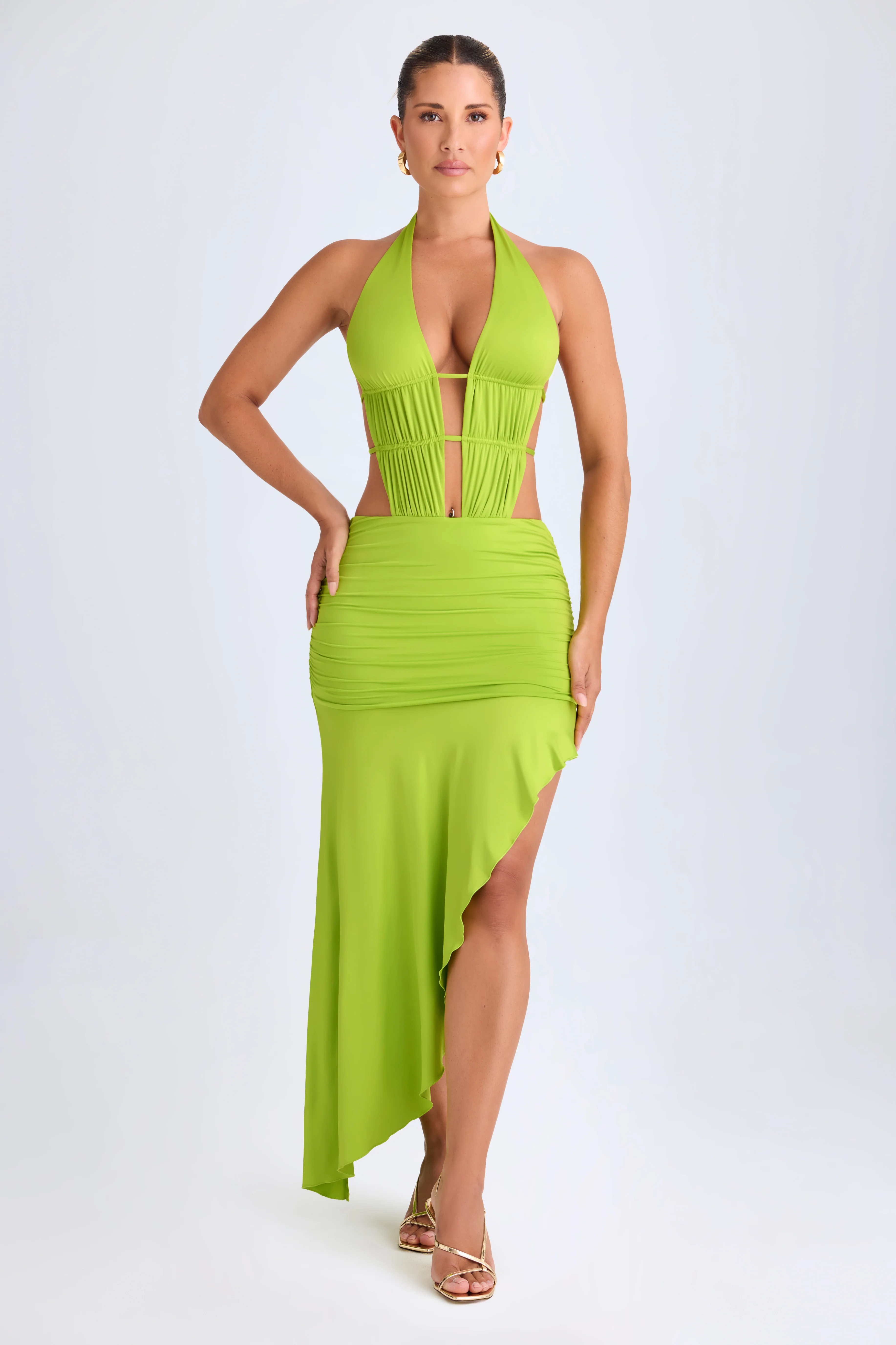 Asymmetric Cut-Out Halterneck Midaxi Dress in Lime Green