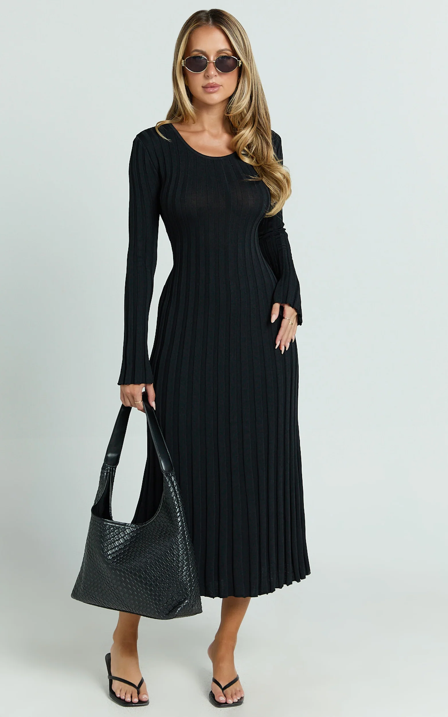 Blaire Midi Dress - Long Sleeve Tie Back Flare Dress in Black