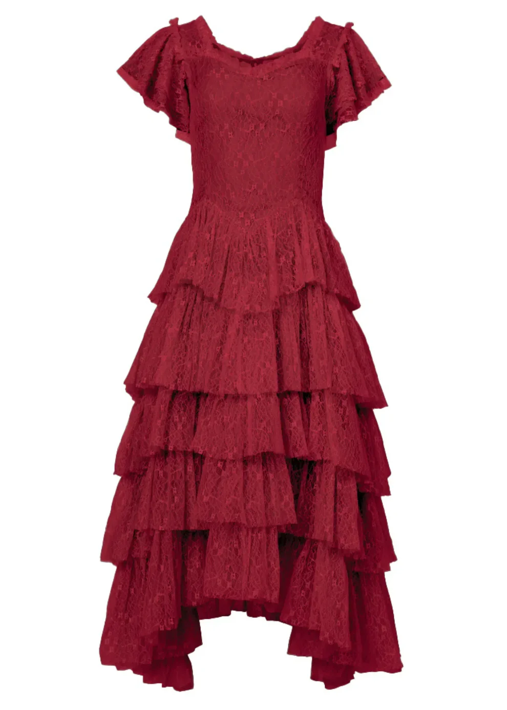 Romantic Ruffle Tiered Lace Midi Dress – Burgundy / Apricot / Black