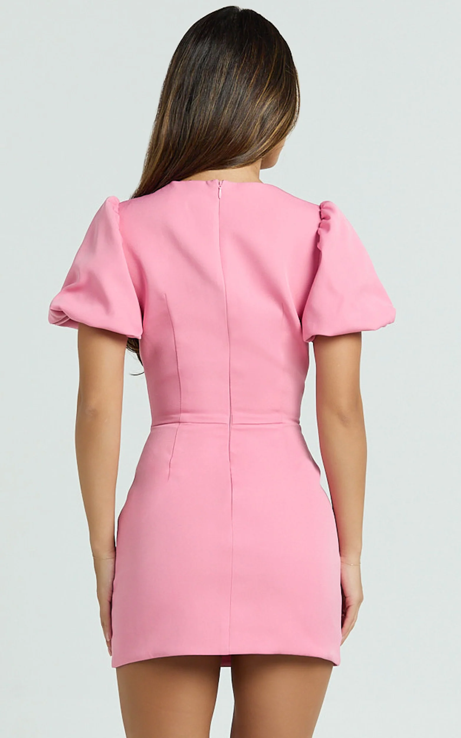 Lalisa Mini Dress - Puff Sleeve Starfish Plunge Neck Dress in Pink