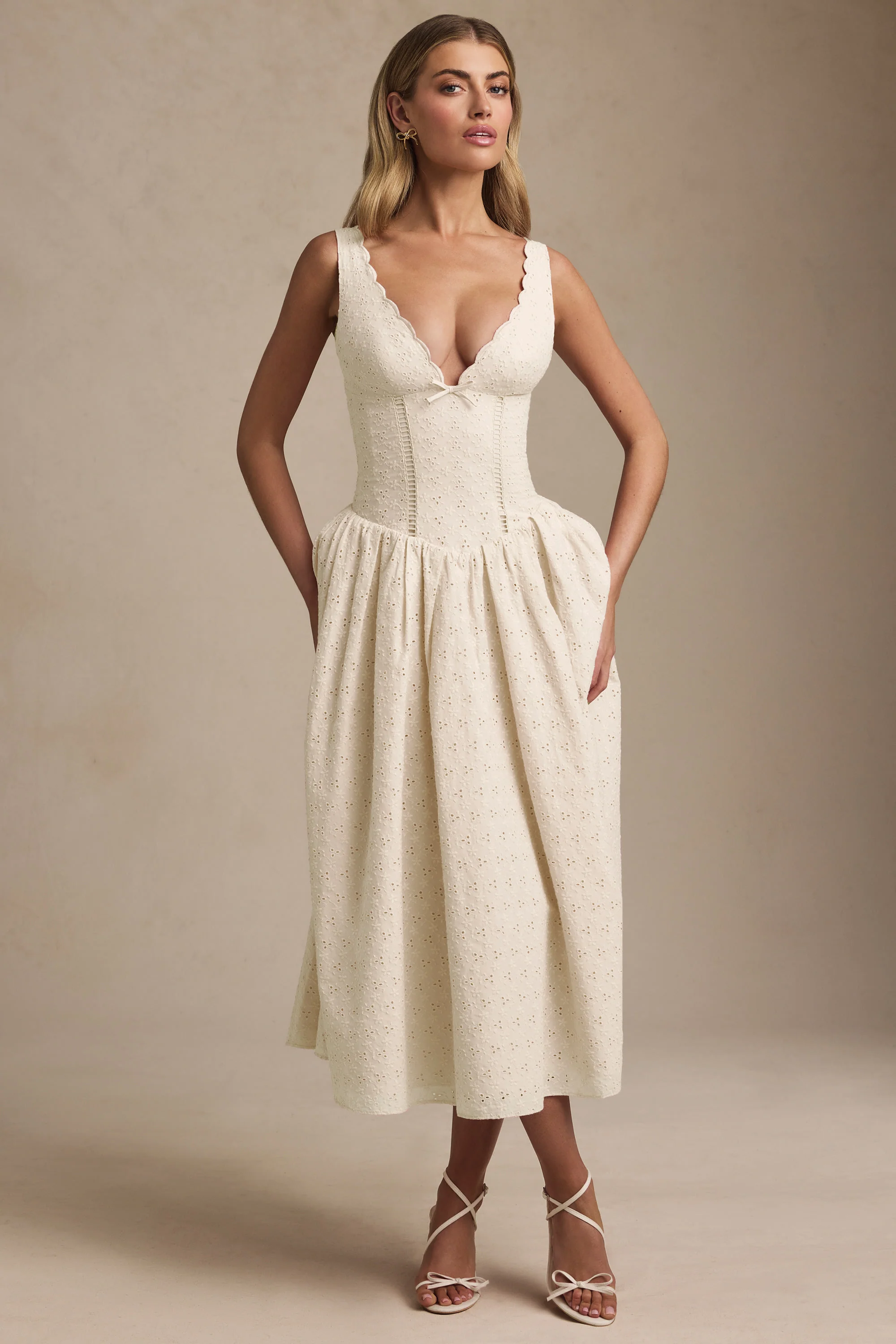 Broderie Anglaise Bow-Detail A-Line Midaxi Dress in Ivory