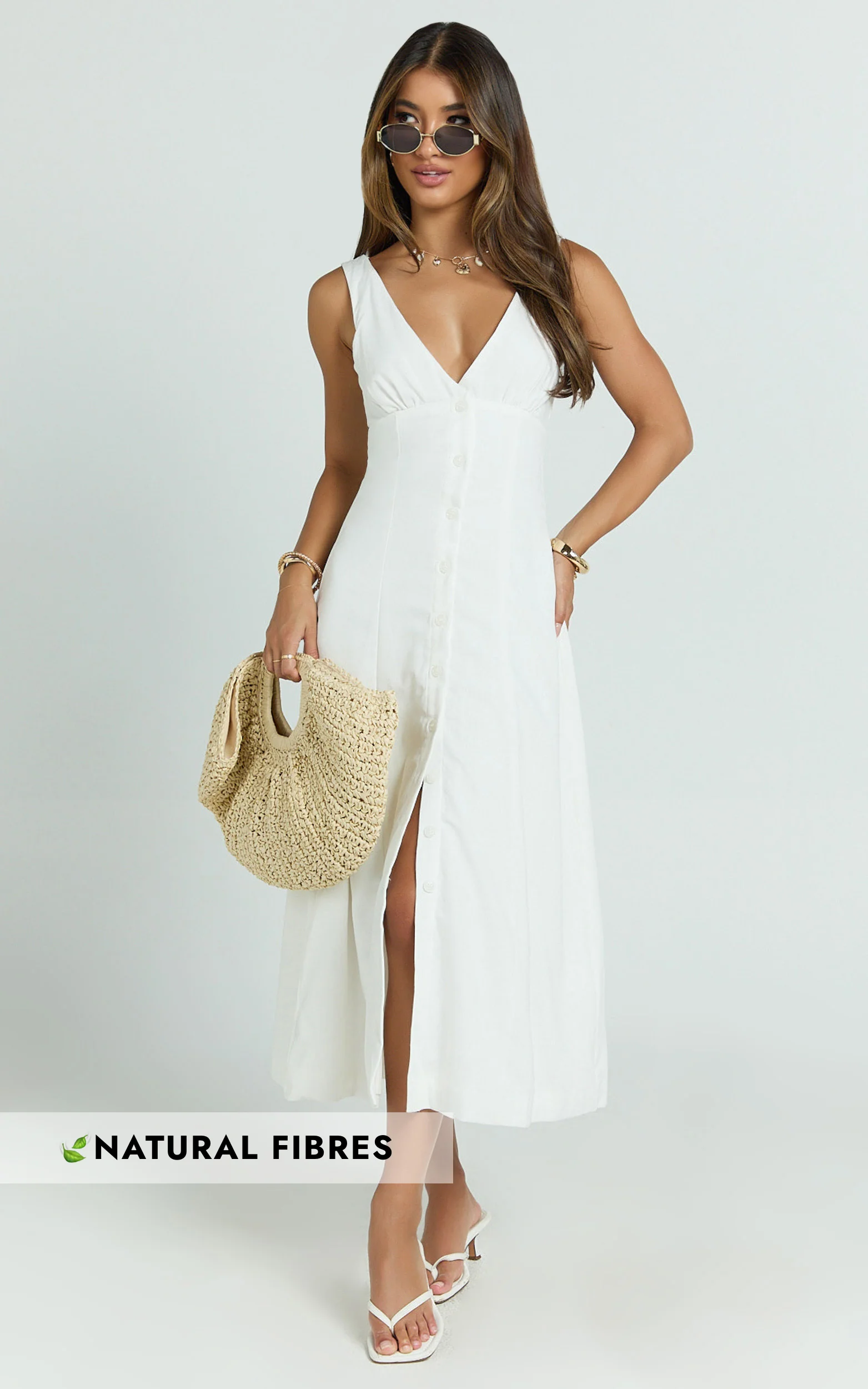 Zula Midi Dress - V Neck Sleeveless Under Bust Seam Circular Skirt Dress in White
