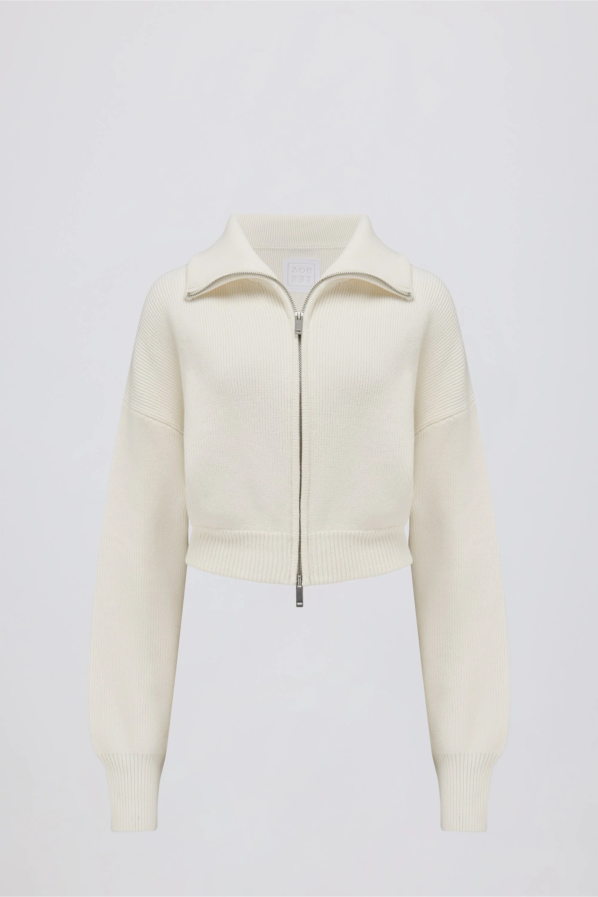 Ribbed-Knit Cropped Zip-Up Sweatshirt in Ivory