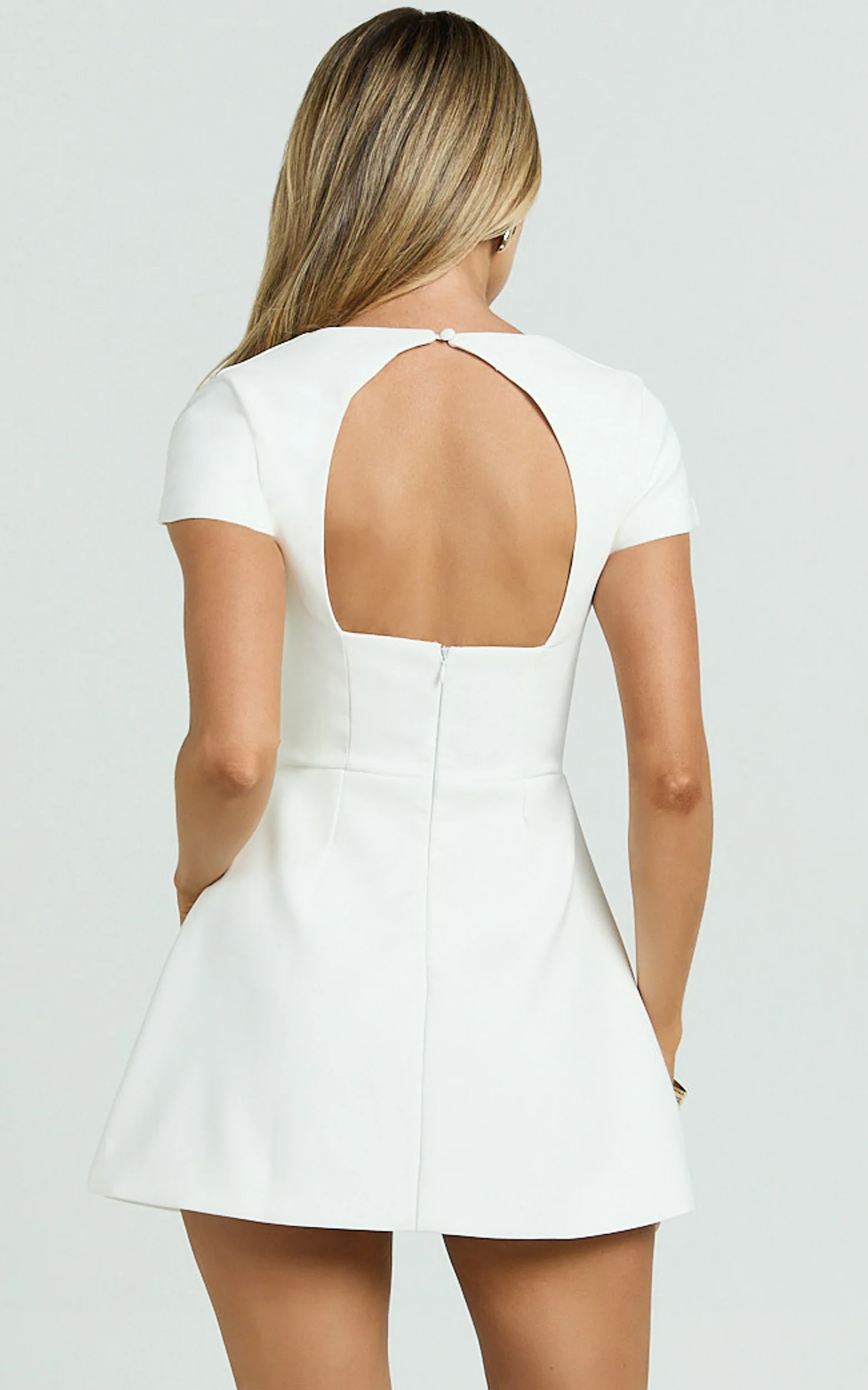 Yuna Mini Dress - Cap Sleeve Open Back Fit And Flare Tulip Dress in White