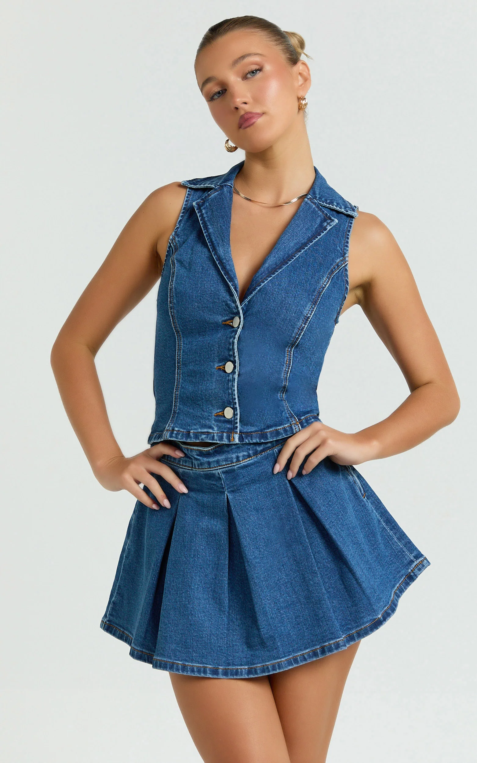 Nikita Top - Button Down Denim Vest Top in Dark Blue Wash