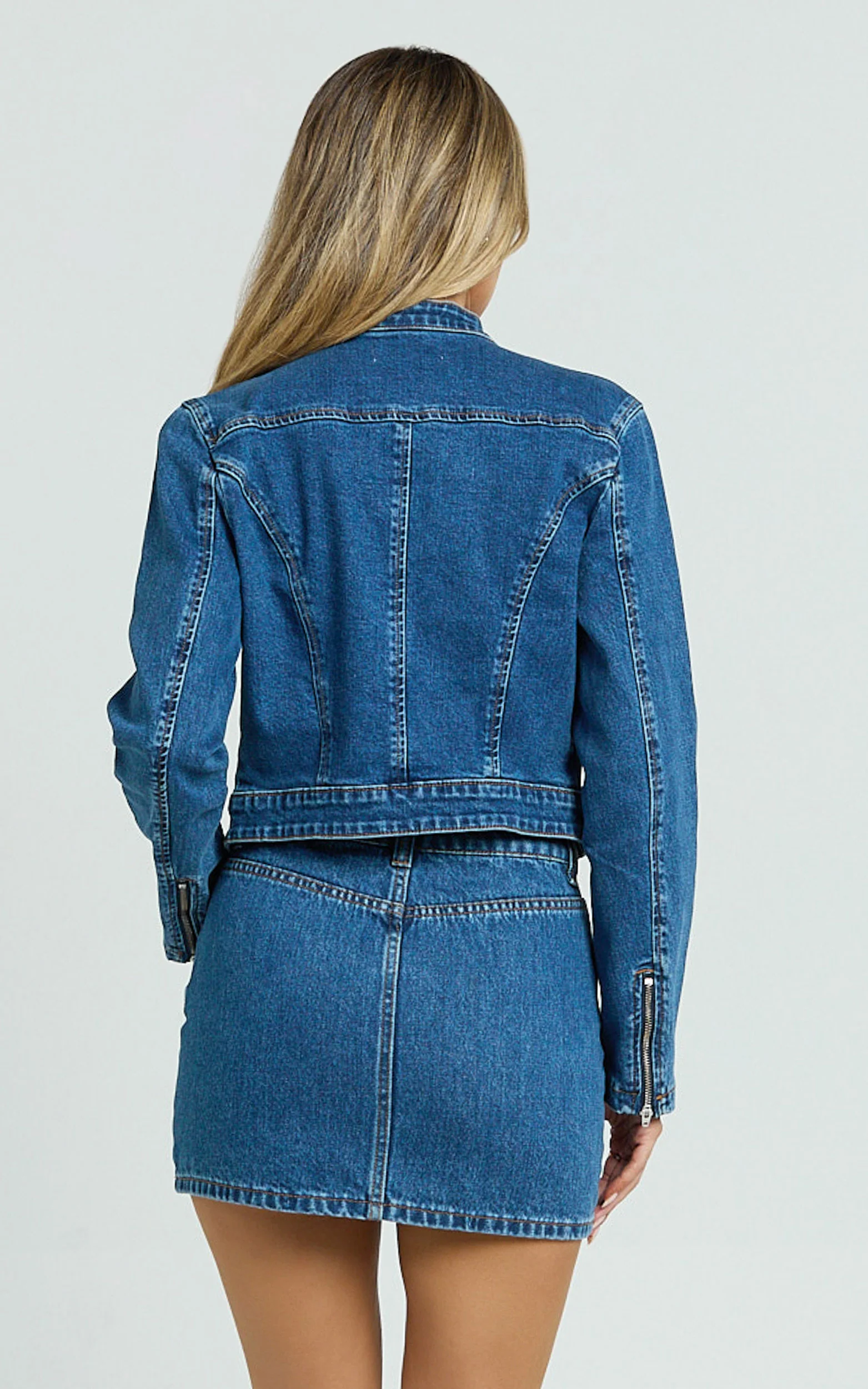 Pamela Jacket - Denim Biker Detail Long Sleeve Jacket in Dark Blue Wash