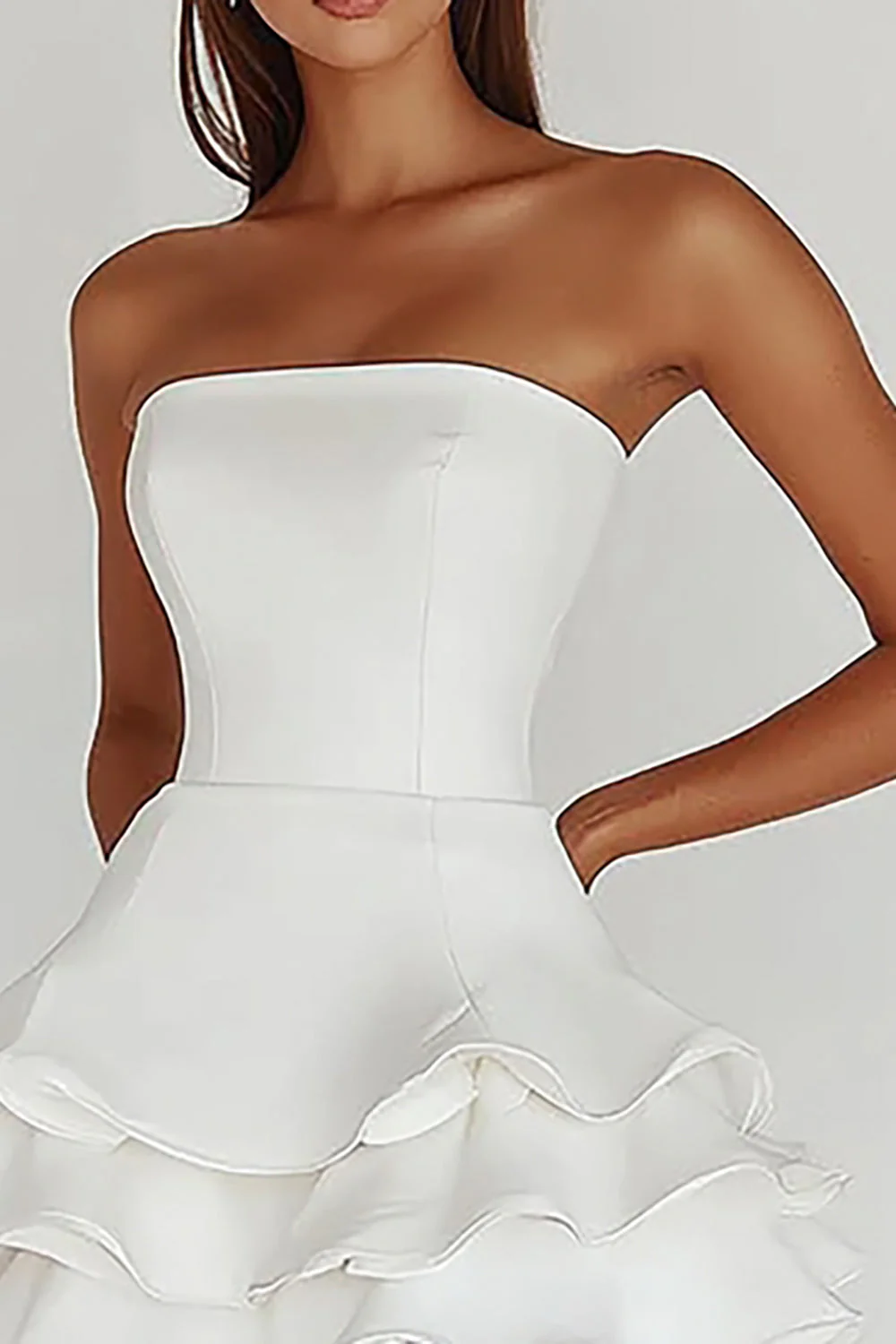 Satin White A Line Strapless Graduation Homecoming Dress with Ruffles