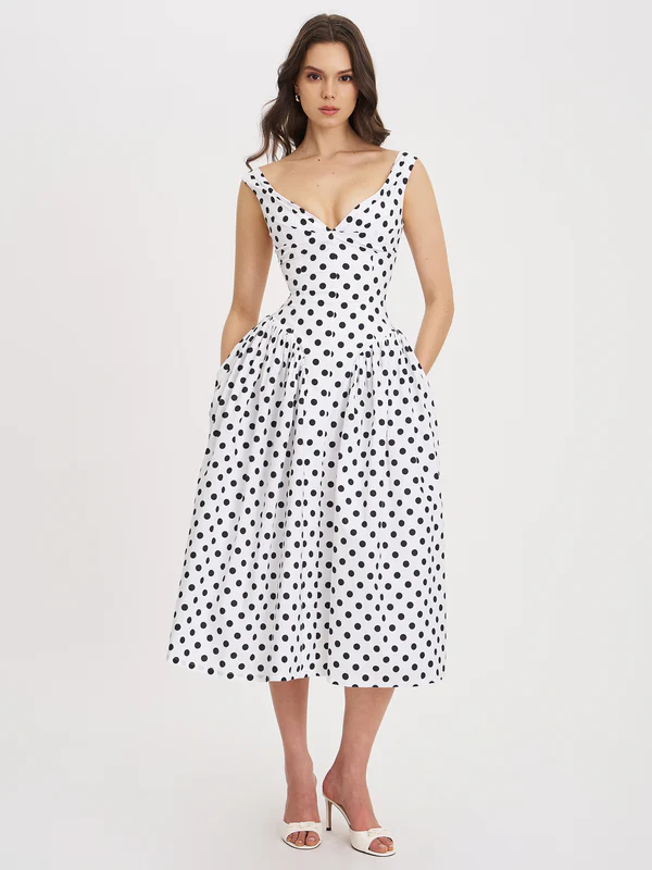 Rahma Polka Dot Drop Waist Midi Cotton Poplin Dress