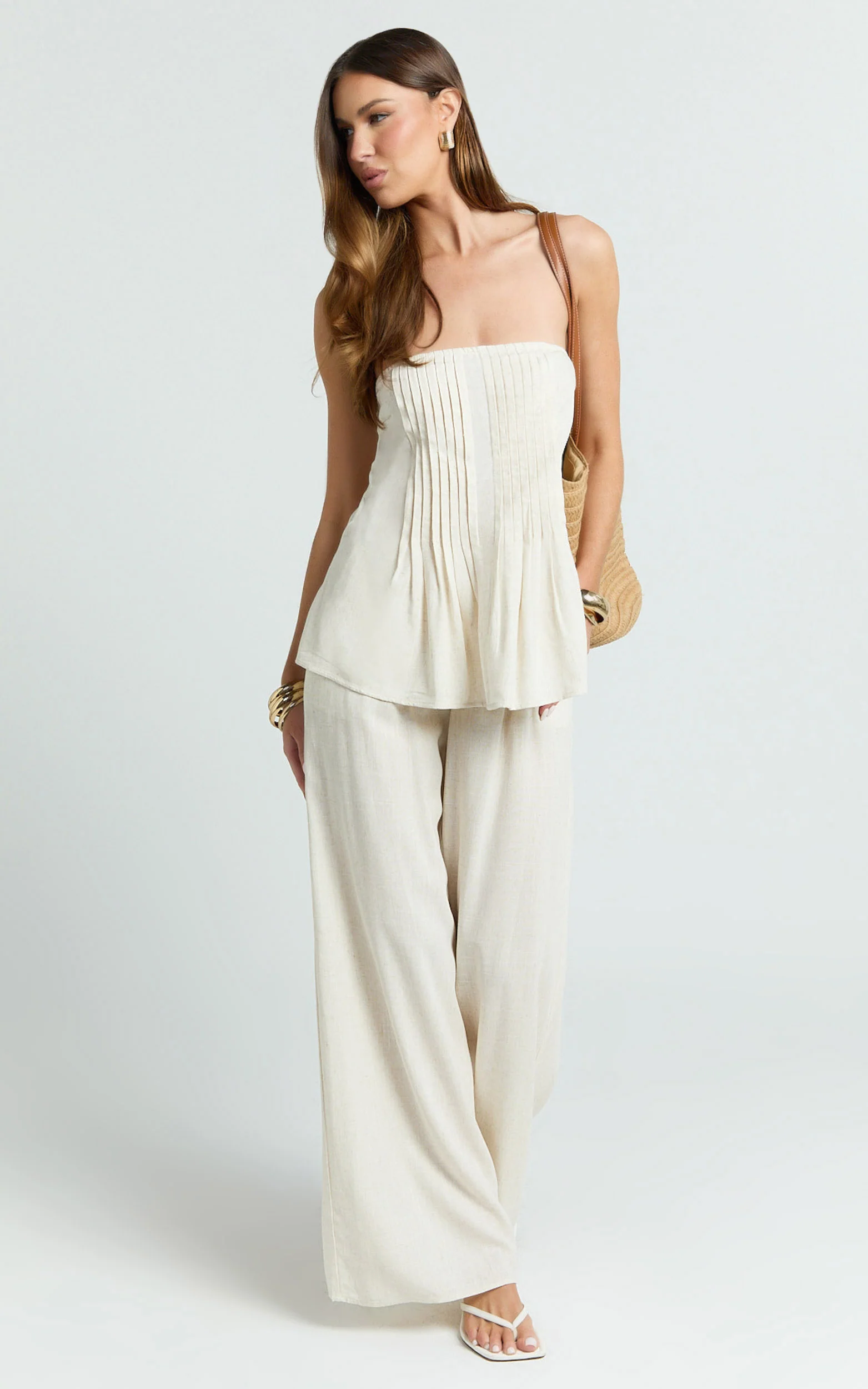 Carli Two Piece Top and Pants Set - Cotton Tube Pant Set in Cream