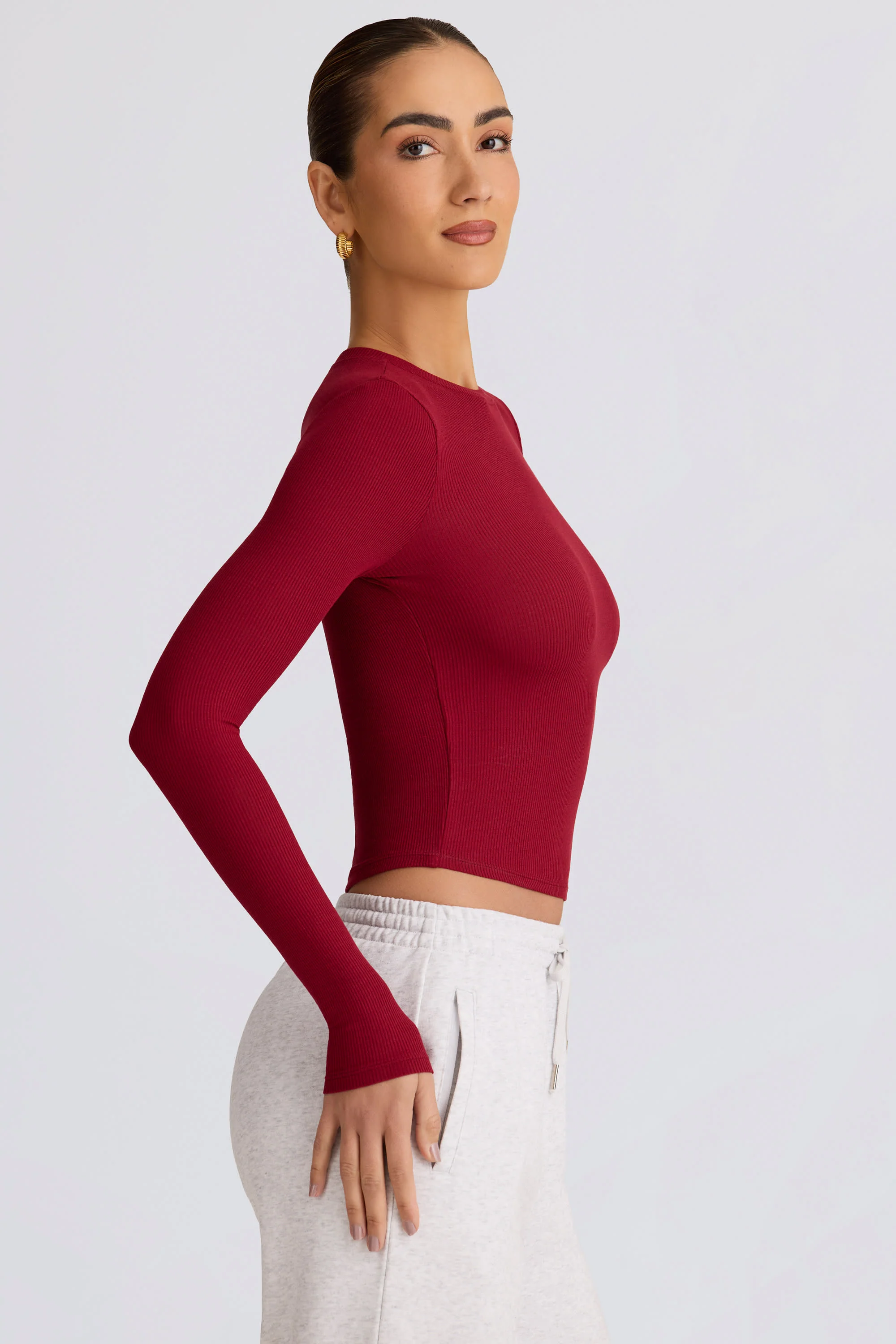 Ribbed Modal Long-Sleeve Top in Burgundy