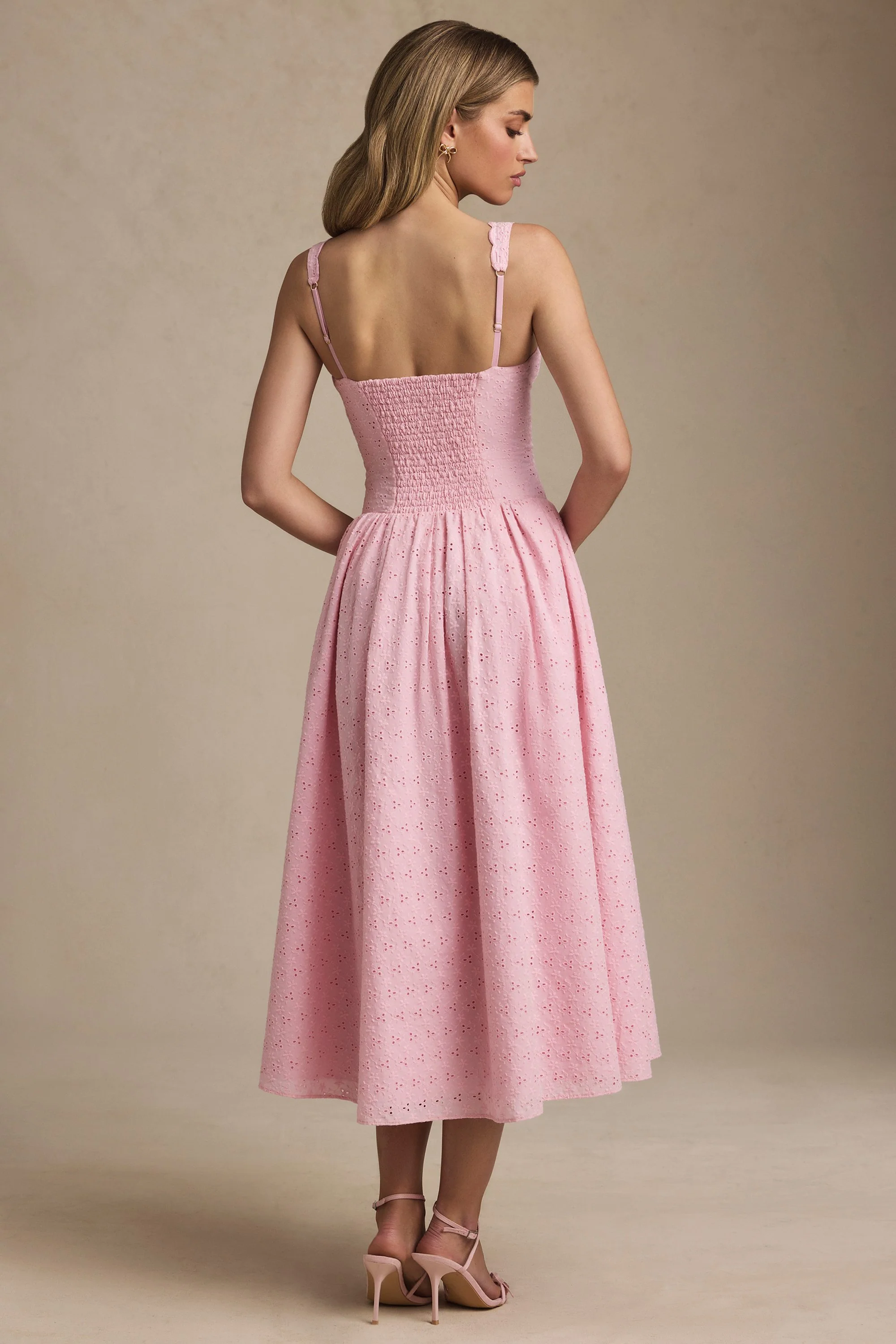 Broderie Anglaise Bow-Detail A-Line Midaxi Dress in Soft Pink
