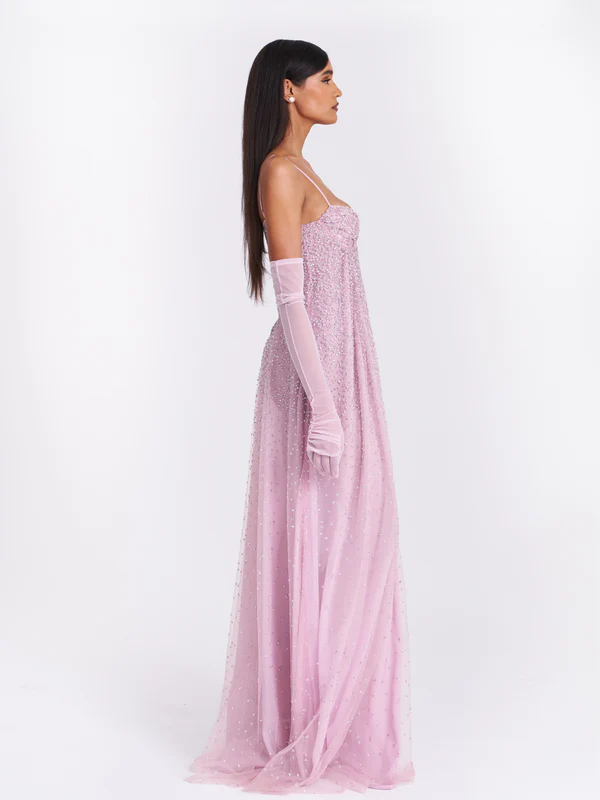 Wallie Pink Rhinestone Embellished Mesh Backless Gown