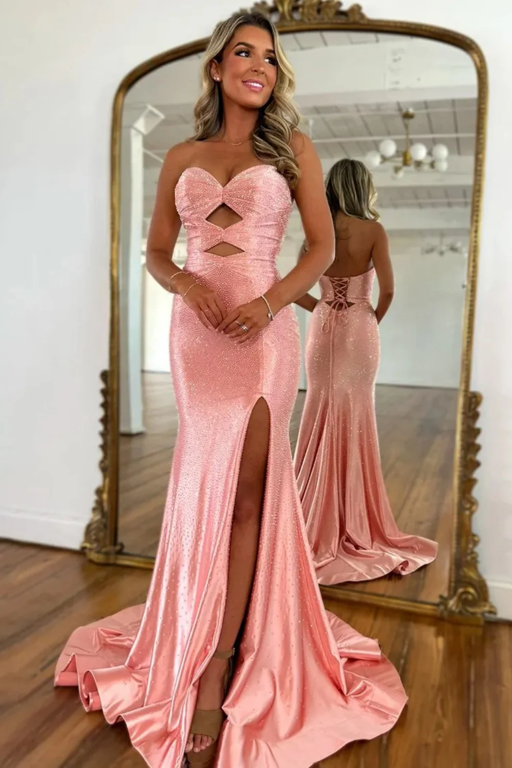 Cute Hot Pink Mermaid Strapless Long Beaded Prom Dress with Slit
