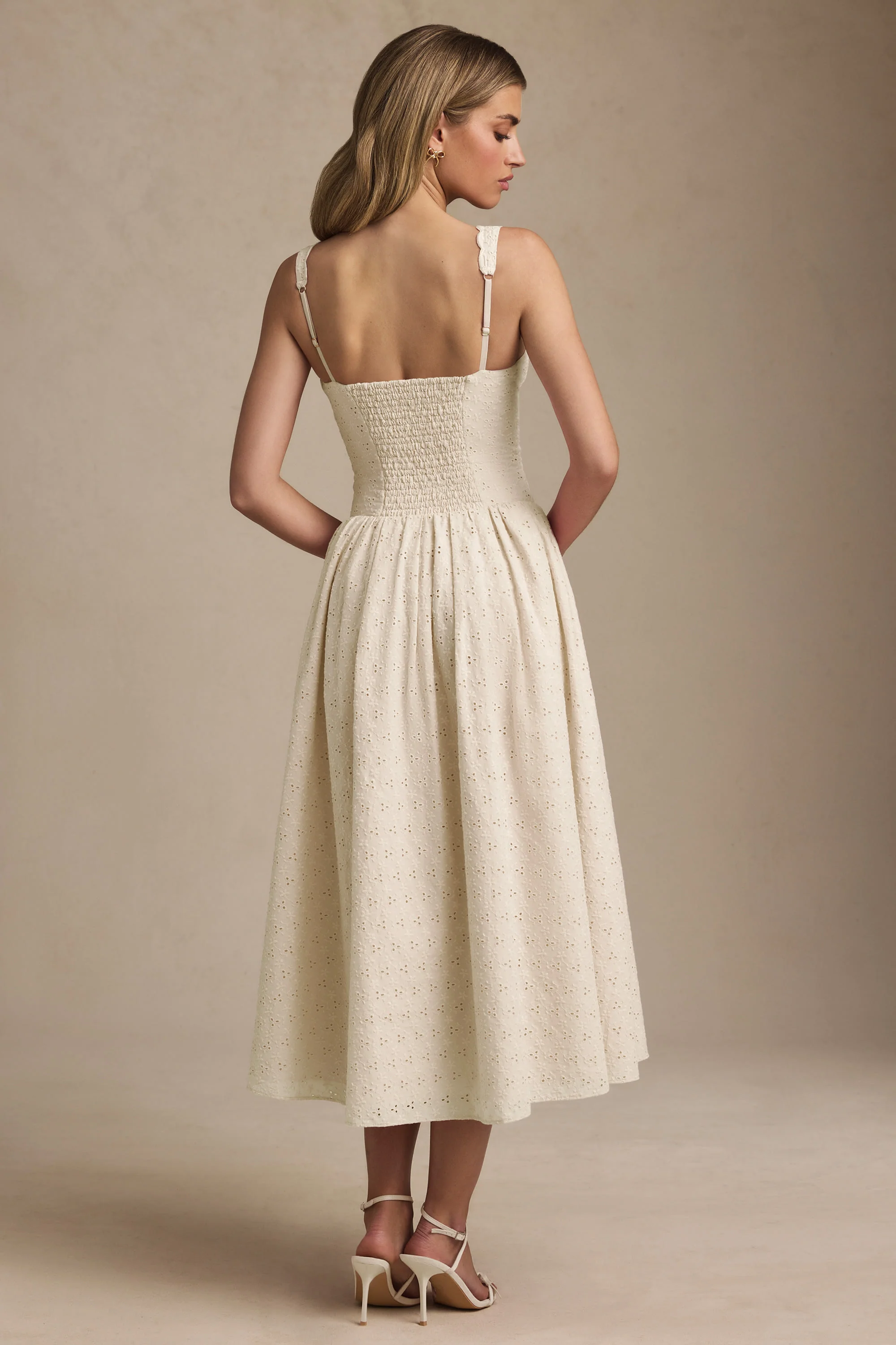 Broderie Anglaise Bow-Detail A-Line Midaxi Dress in Ivory