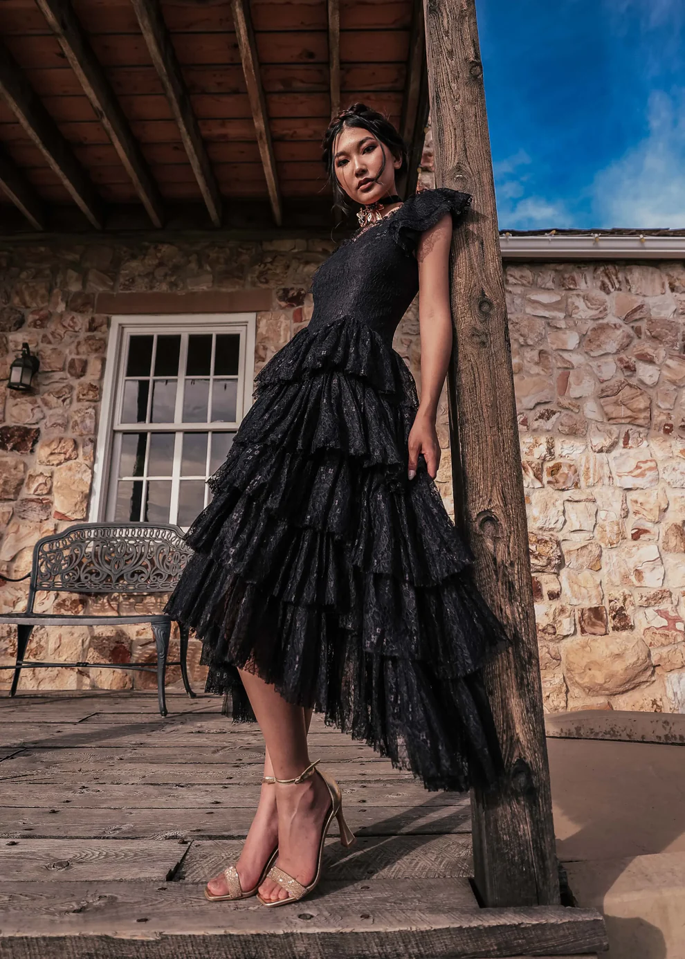 Romantic Ruffle Tiered Lace Midi Dress – Burgundy / Apricot / Black