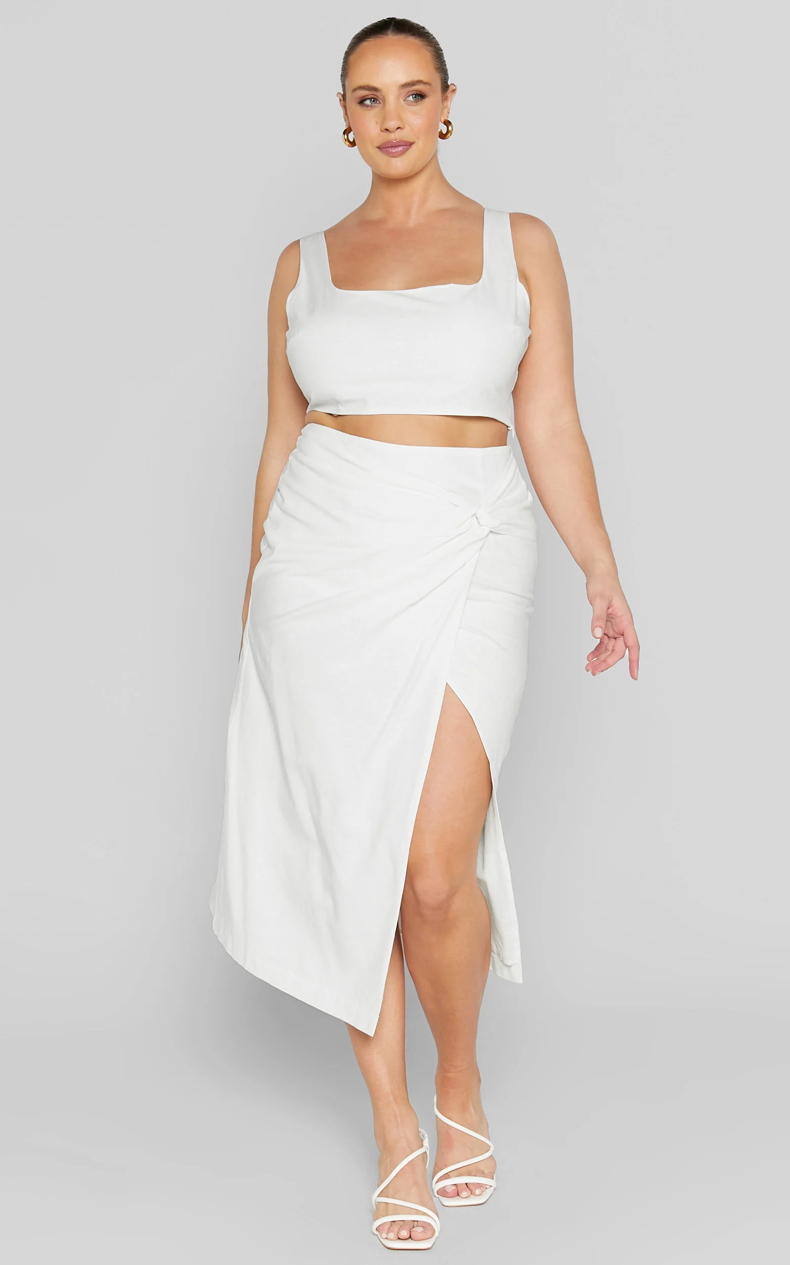Gibson Two Piece Top and Skirt Set - Linen Crop Top and Knot Front Midi Skirt Set in White