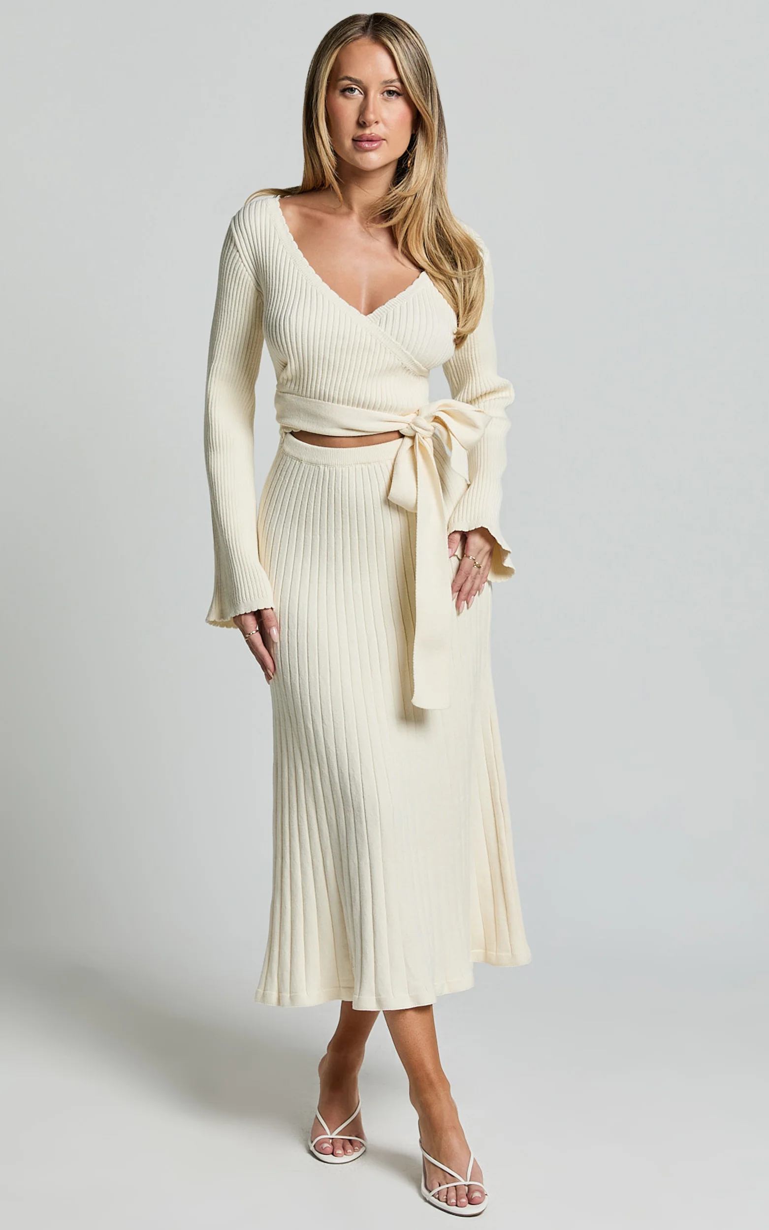 Andreia Midi Dress - Knitted Wrap Long Sleeve Dress in Cream