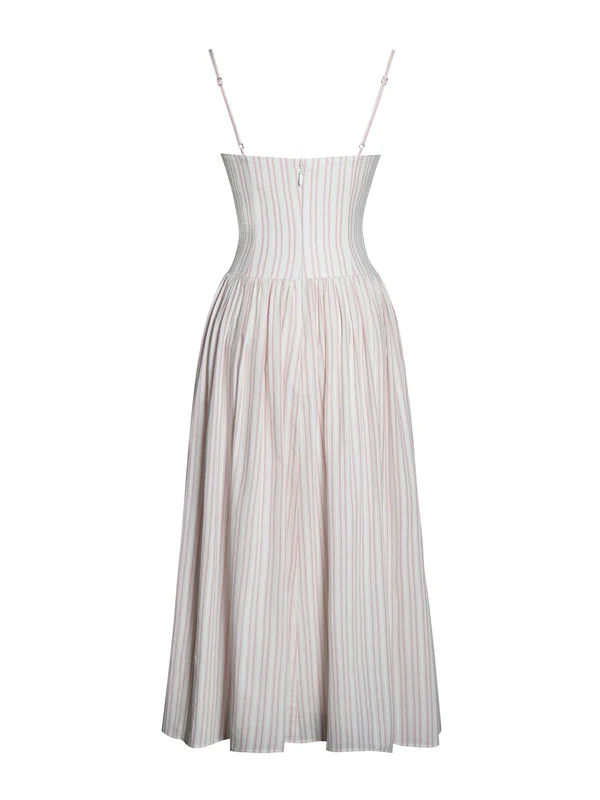 Zania Pink Stripe Ruched Breast Cotton Jacquard Midi Dress