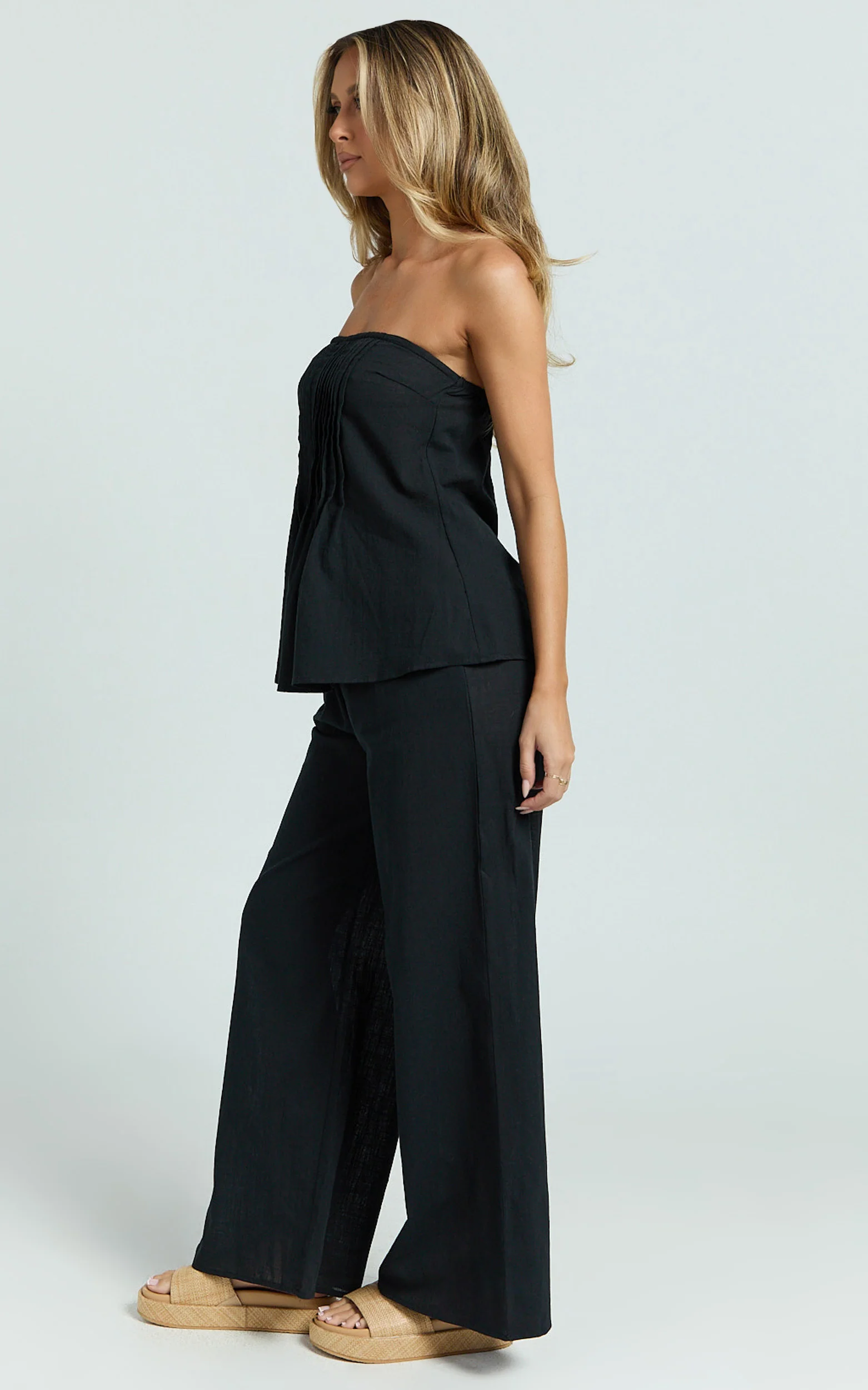 Carli Two Piece Top and Pants Set - Cotton Tube Pant Set in Black