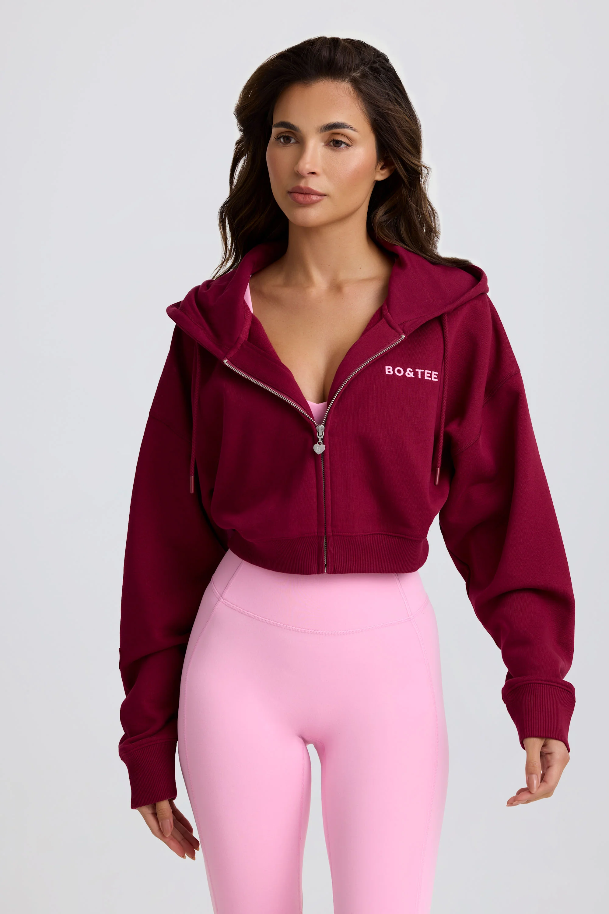 Cropped Zip-Up Hoodie in Burgundy