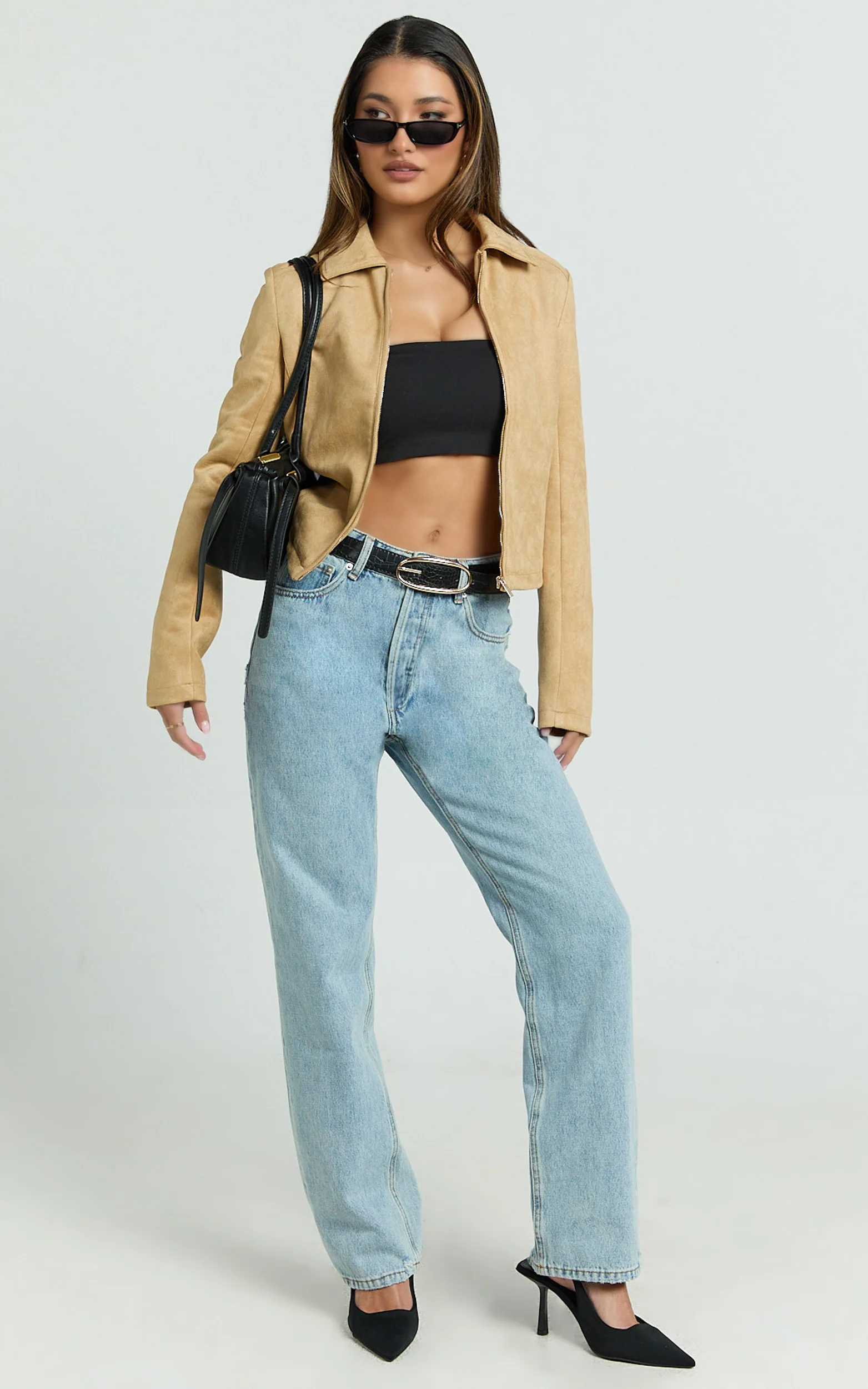 Welmina Jacket - Suede Collared Fitted Jacket in Sand