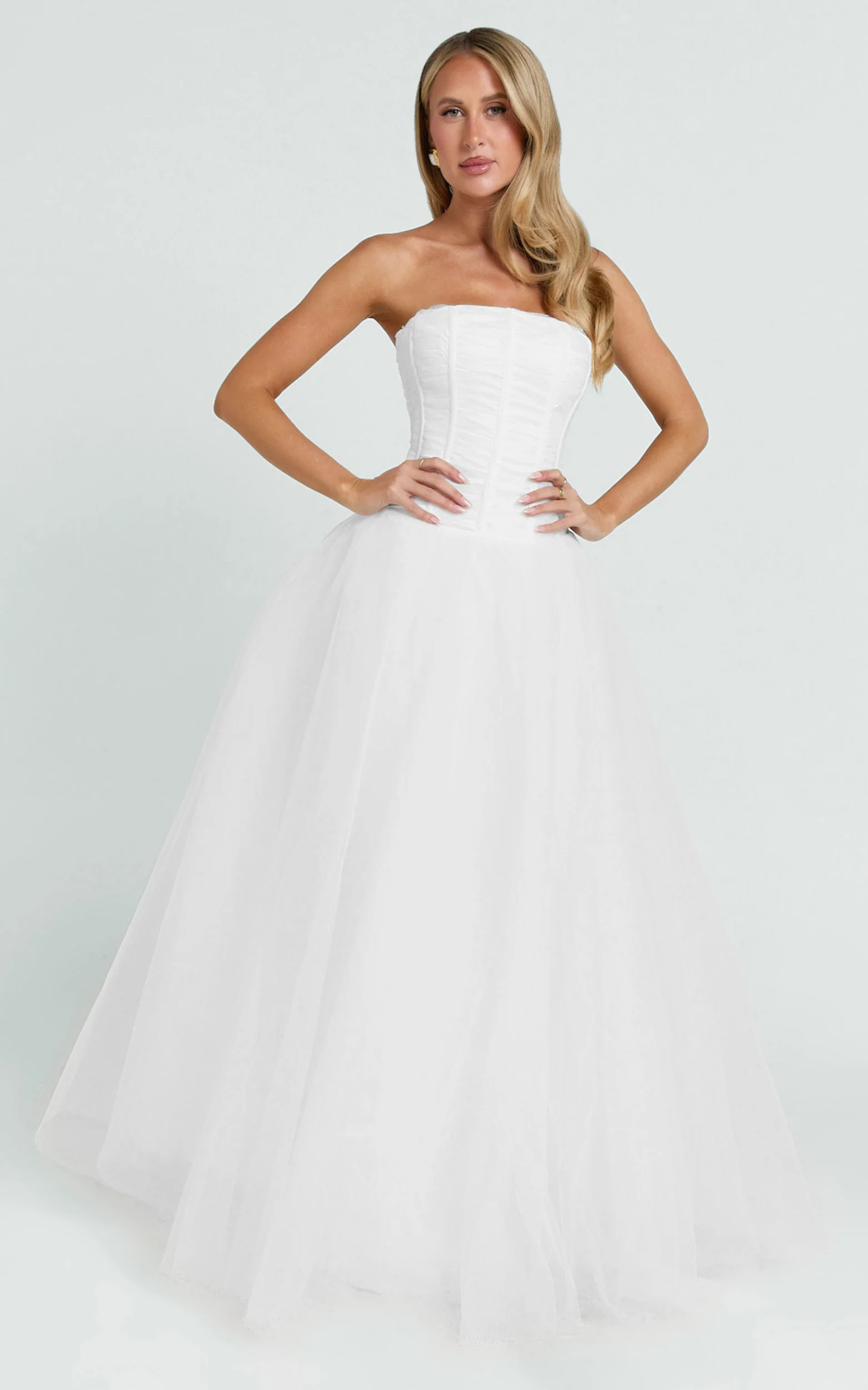 Selene Maxi Dress - Strapless Corset Gathered Skirt Dress in White