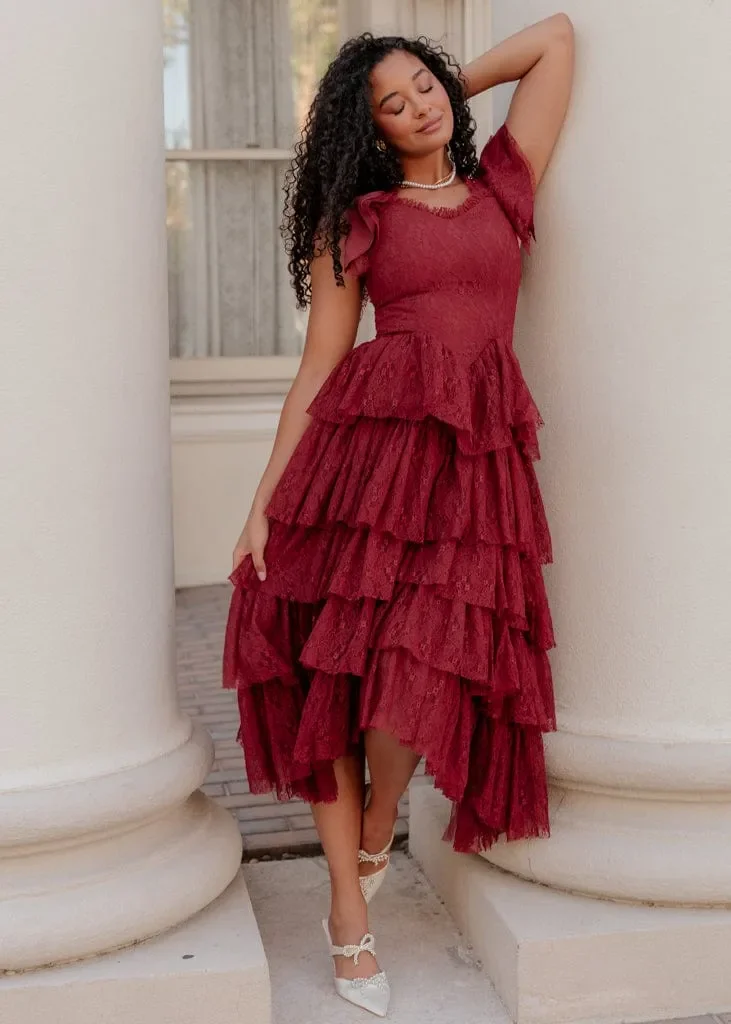 Romantic Ruffle Tiered Lace Midi Dress – Burgundy / Apricot / Black