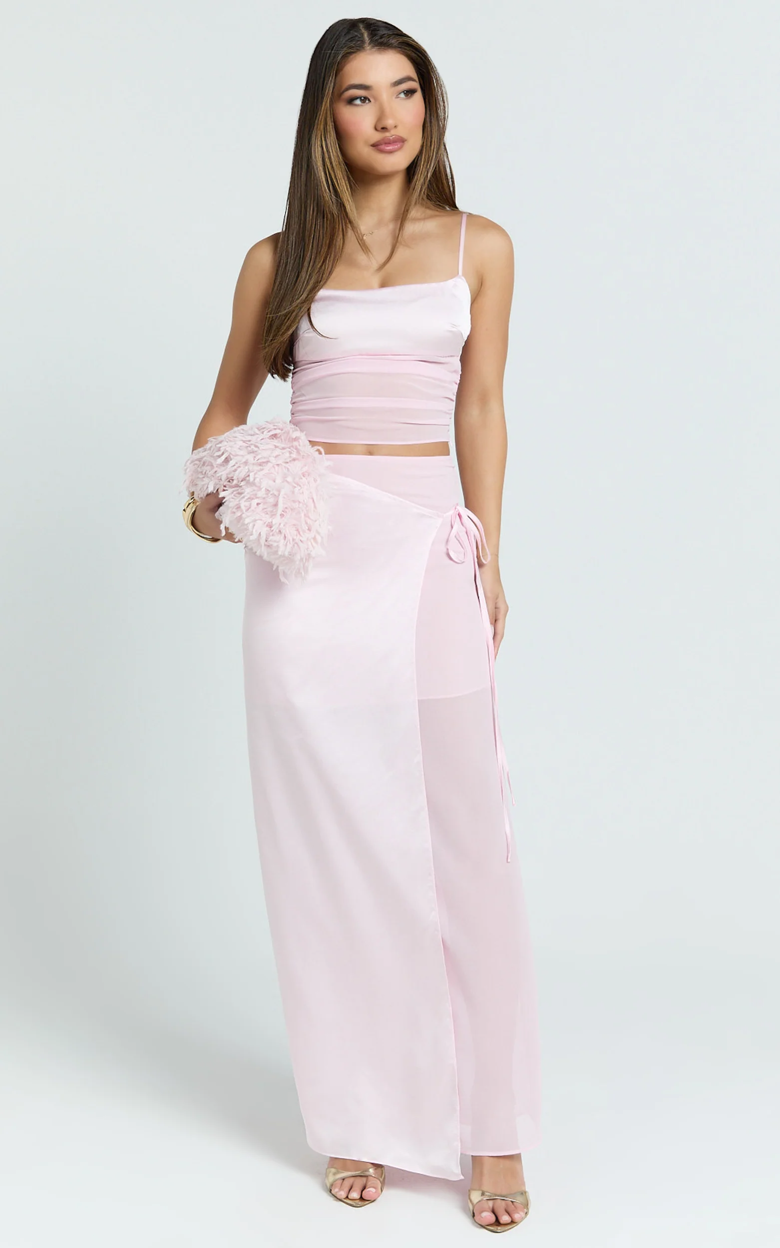 Jordyn Two Piece Top and Skirt Set - Square Neck Cami Top And Maxi Skirt Set in Pink