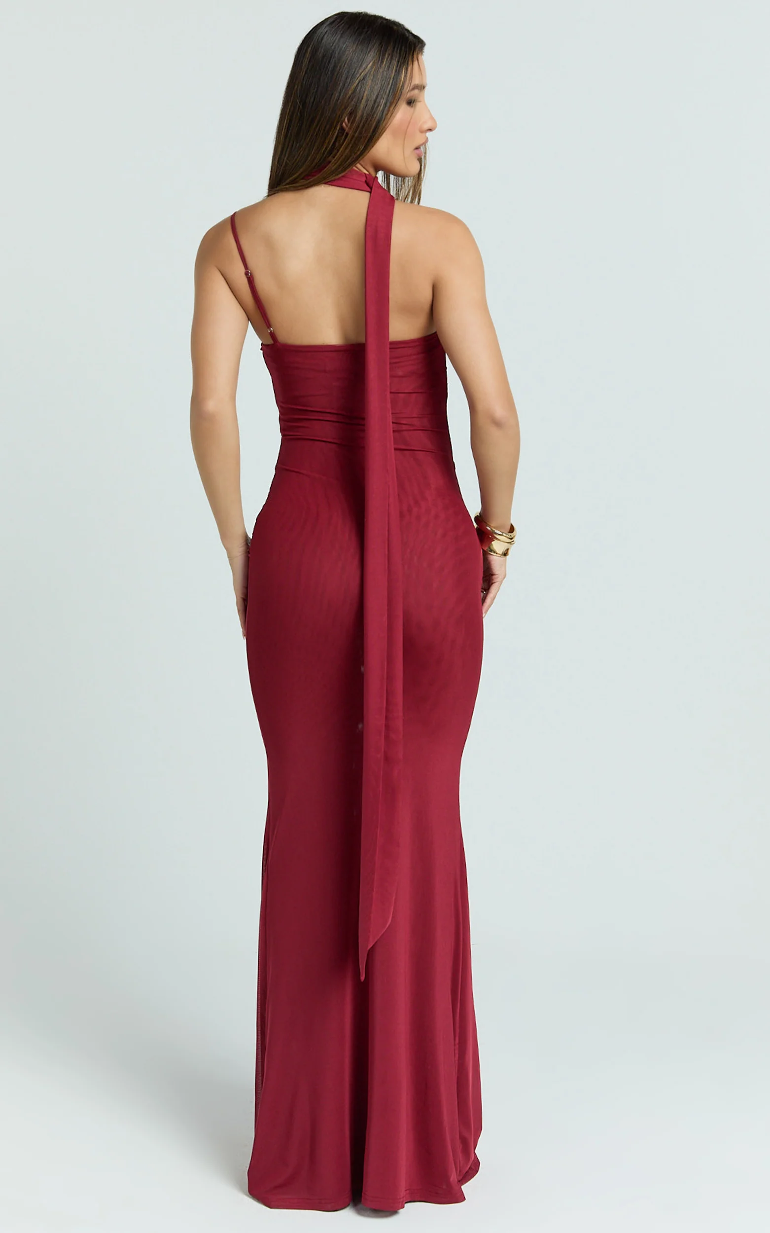 Larson Maxi Dress - Asymmetric Tie Neck Column Dress in Wine