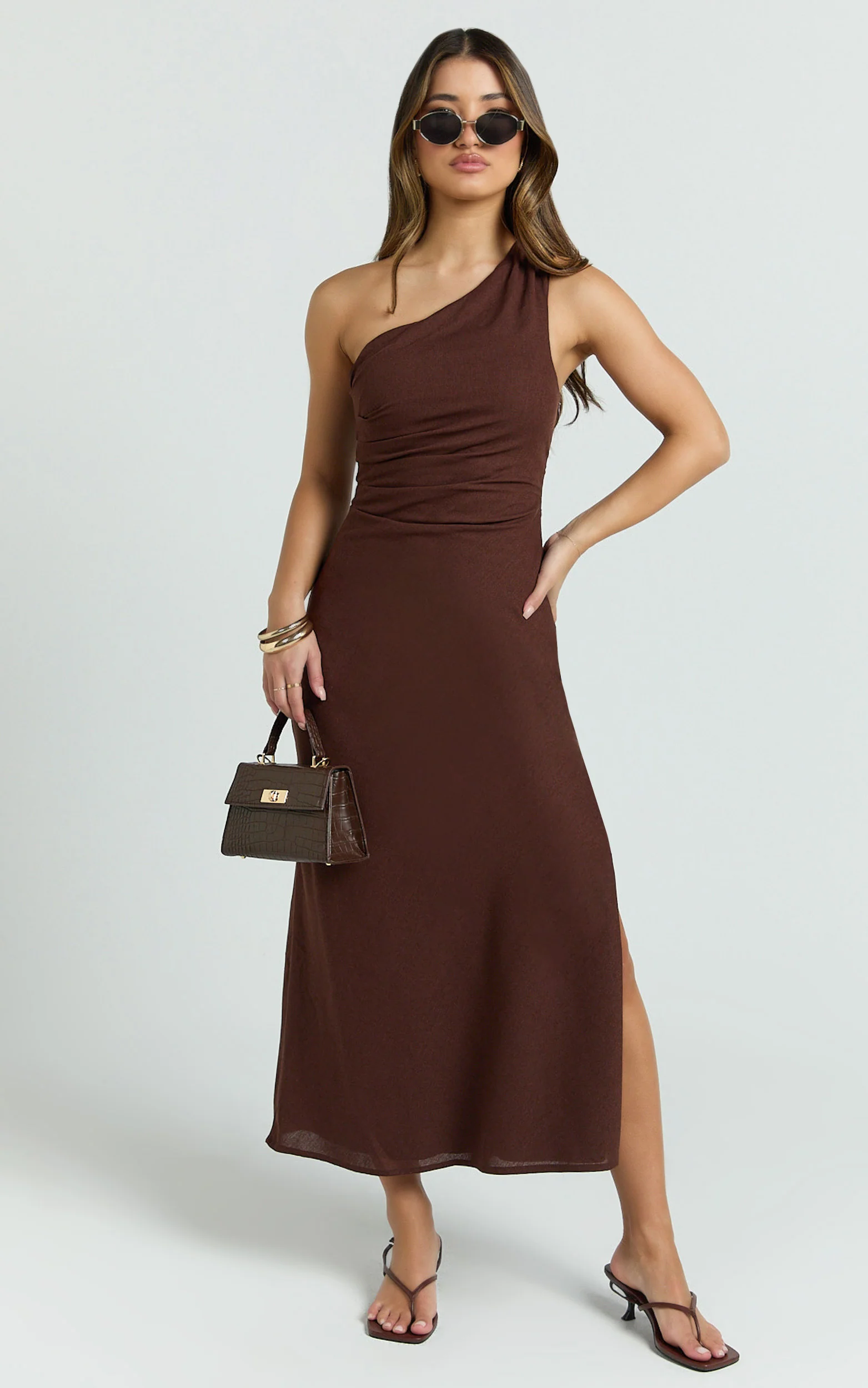 Cassia Midi Dress - One Shoulder A Line Dress in Chocolate