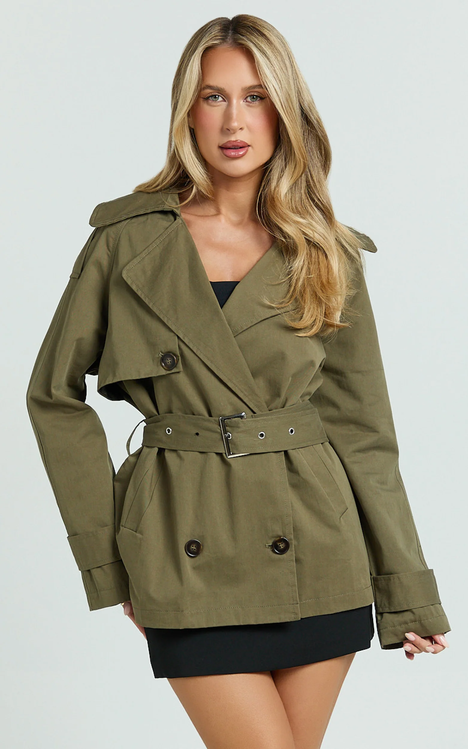 Vicky Jacket - Short Belted Trench Coat in Olive