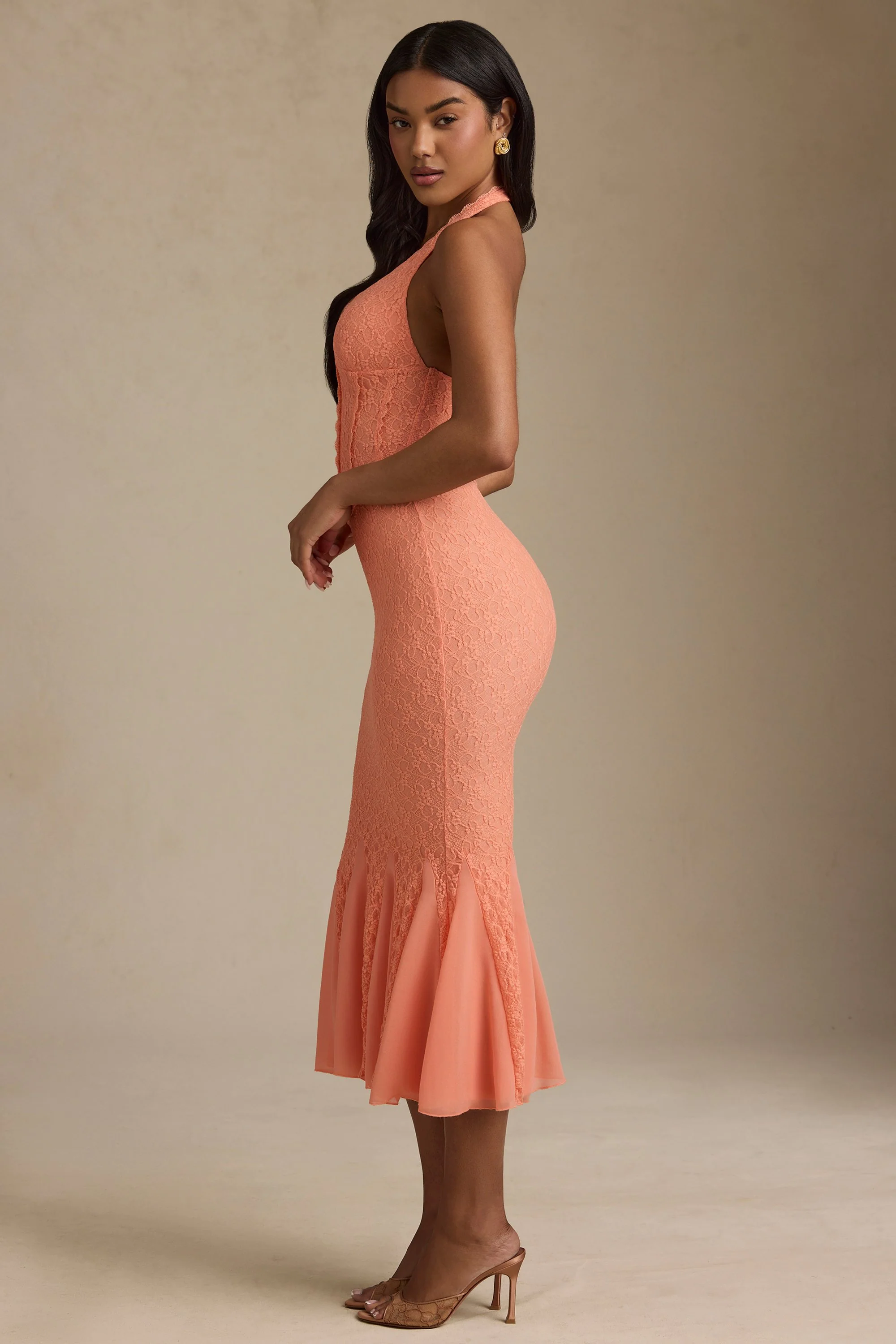 Halterneck Corset Lace Midaxi Dress in Peach