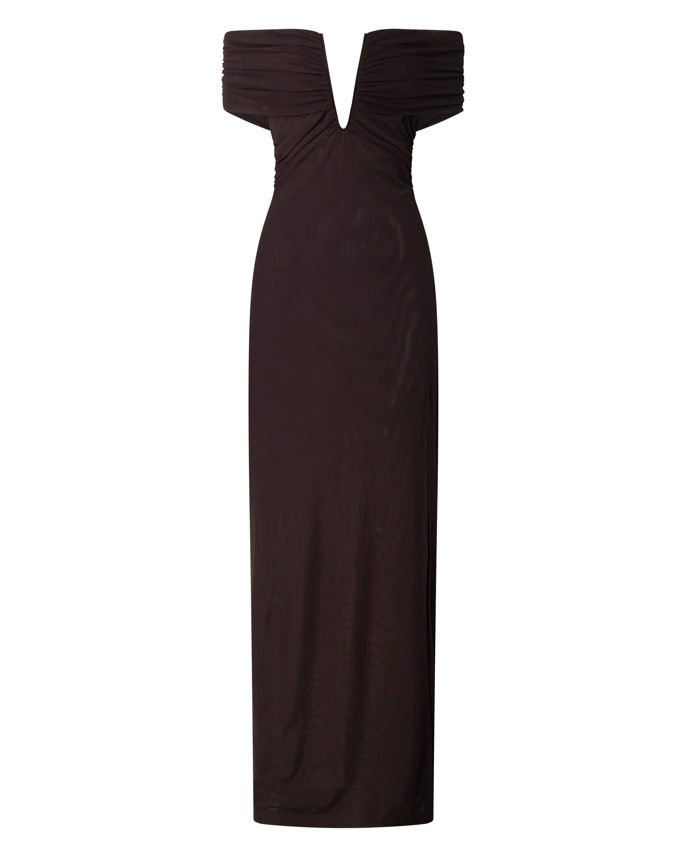 Alessia Maxi Dress - Off Shoulder Ruched Bodycon Dress in Chocolate