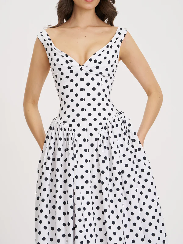 Rahma Polka Dot Drop Waist Midi Cotton Poplin Dress