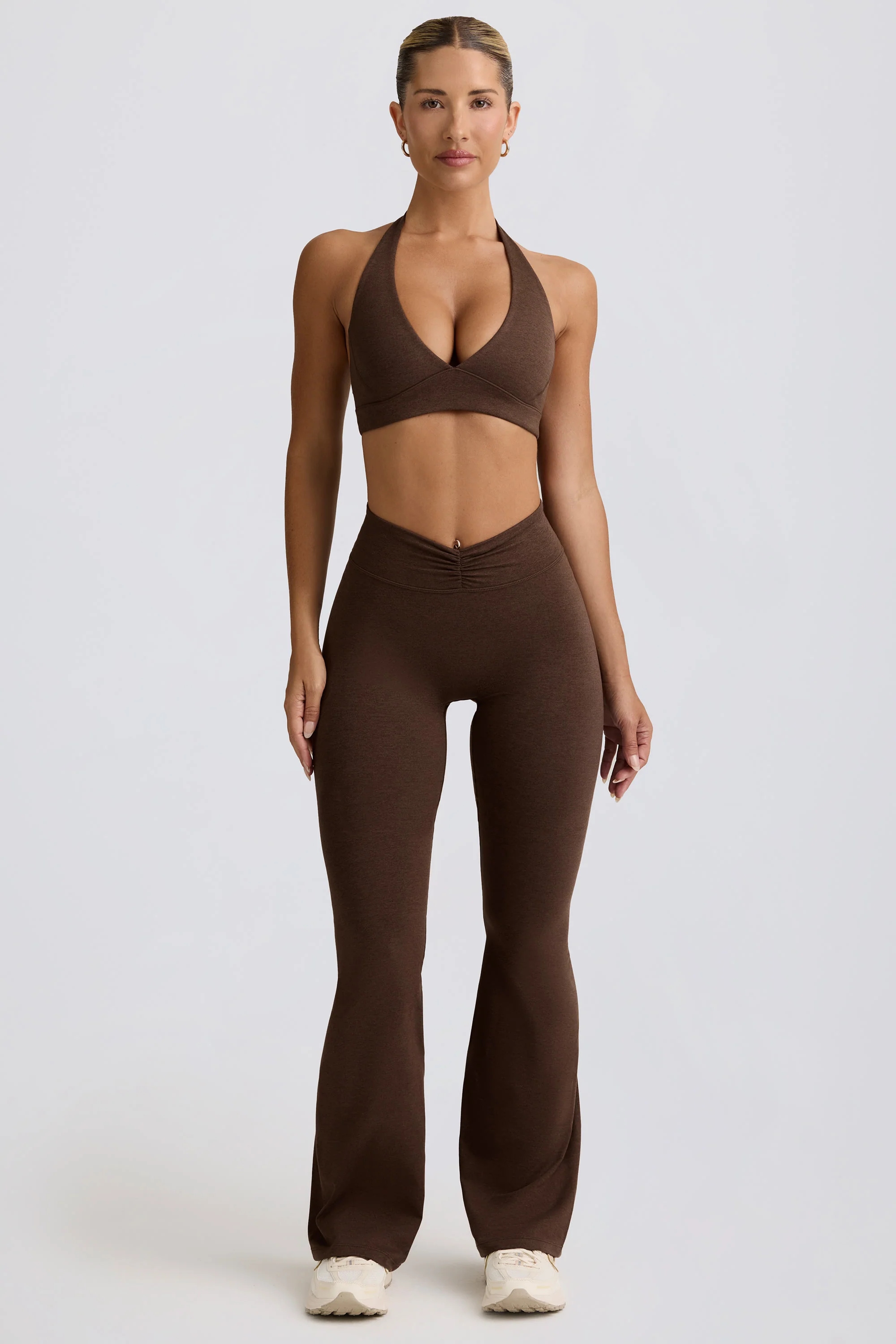 Ruched Flared Trousers in Pecan Marl