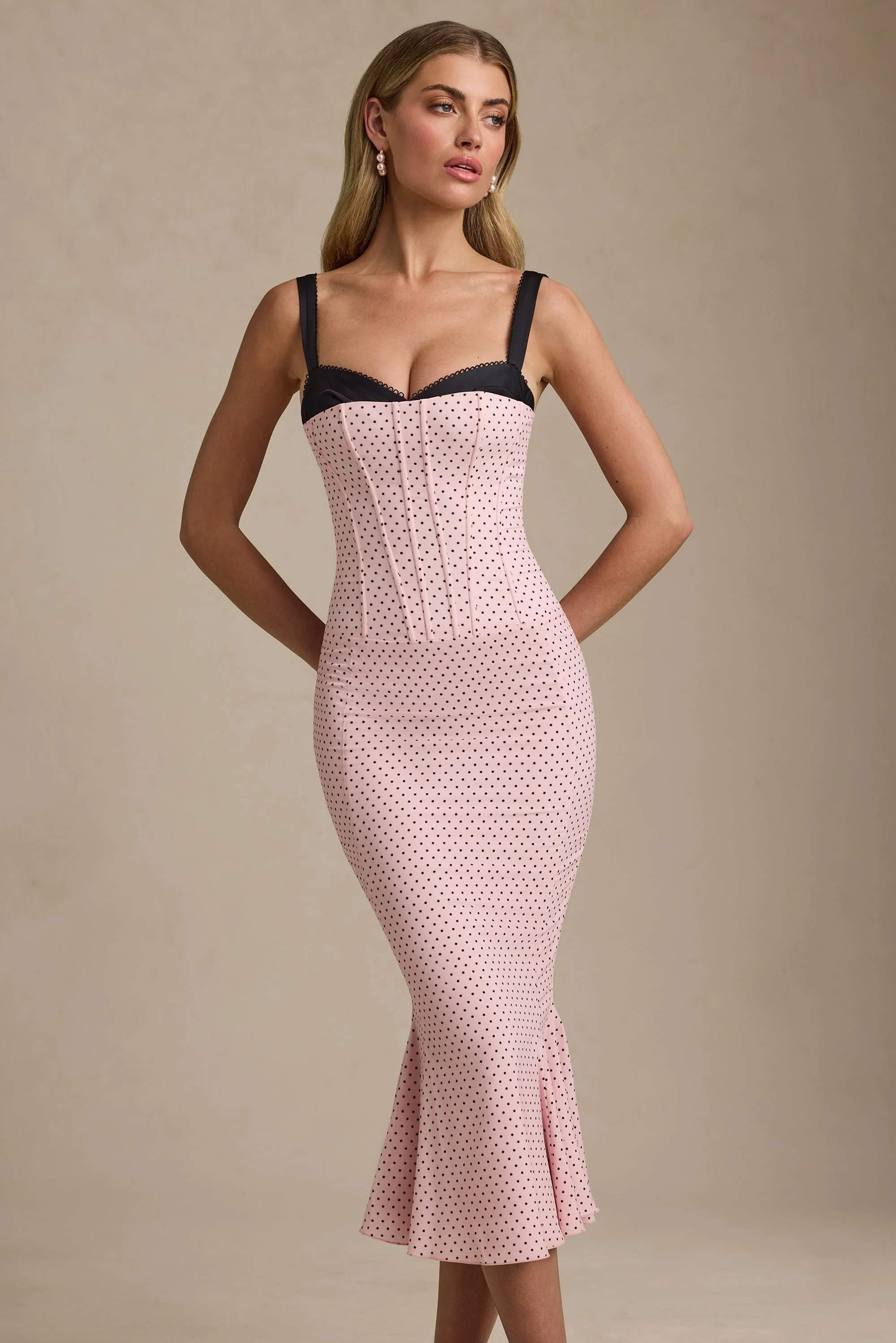 Layered Bra-Detail Fishtail Midaxi Dress in Pink Polka Dot