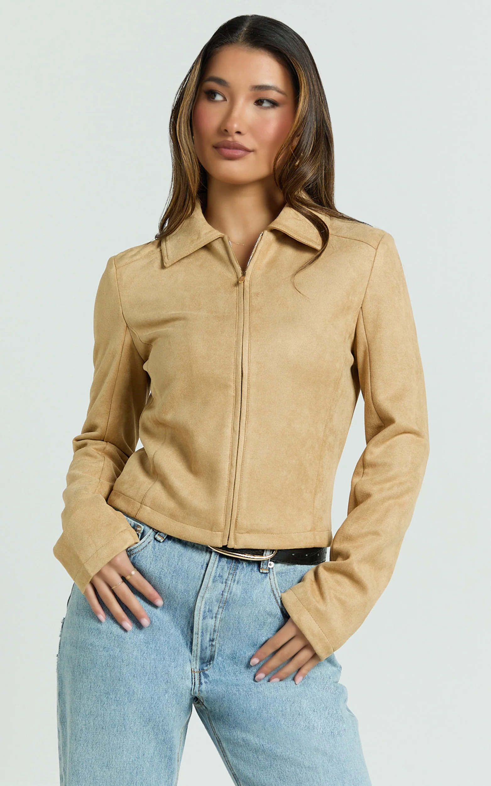 Welmina Jacket - Suede Collared Fitted Jacket in Sand
