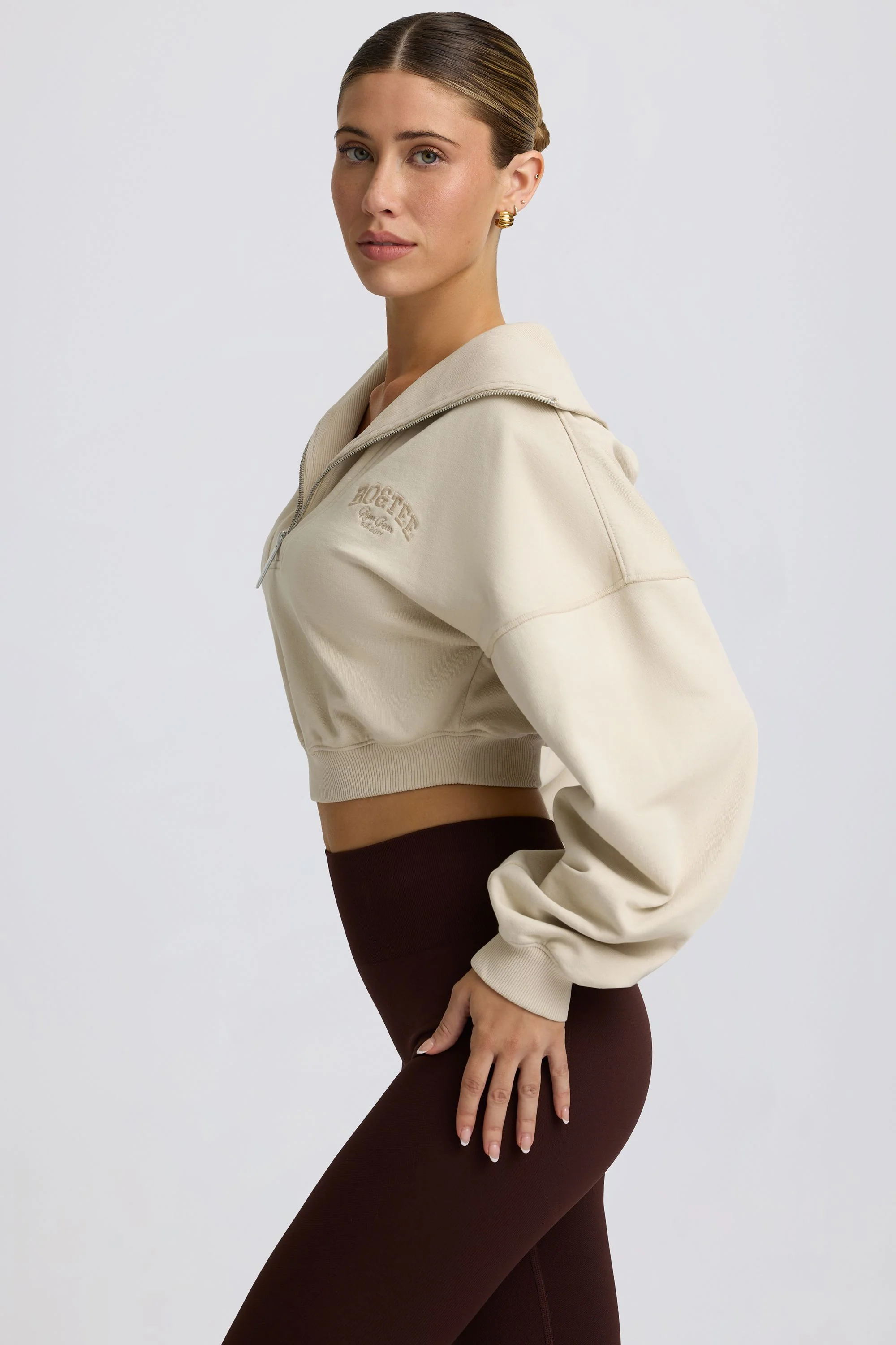 Quarter-Zip Cropped Sweatshirt in Bone