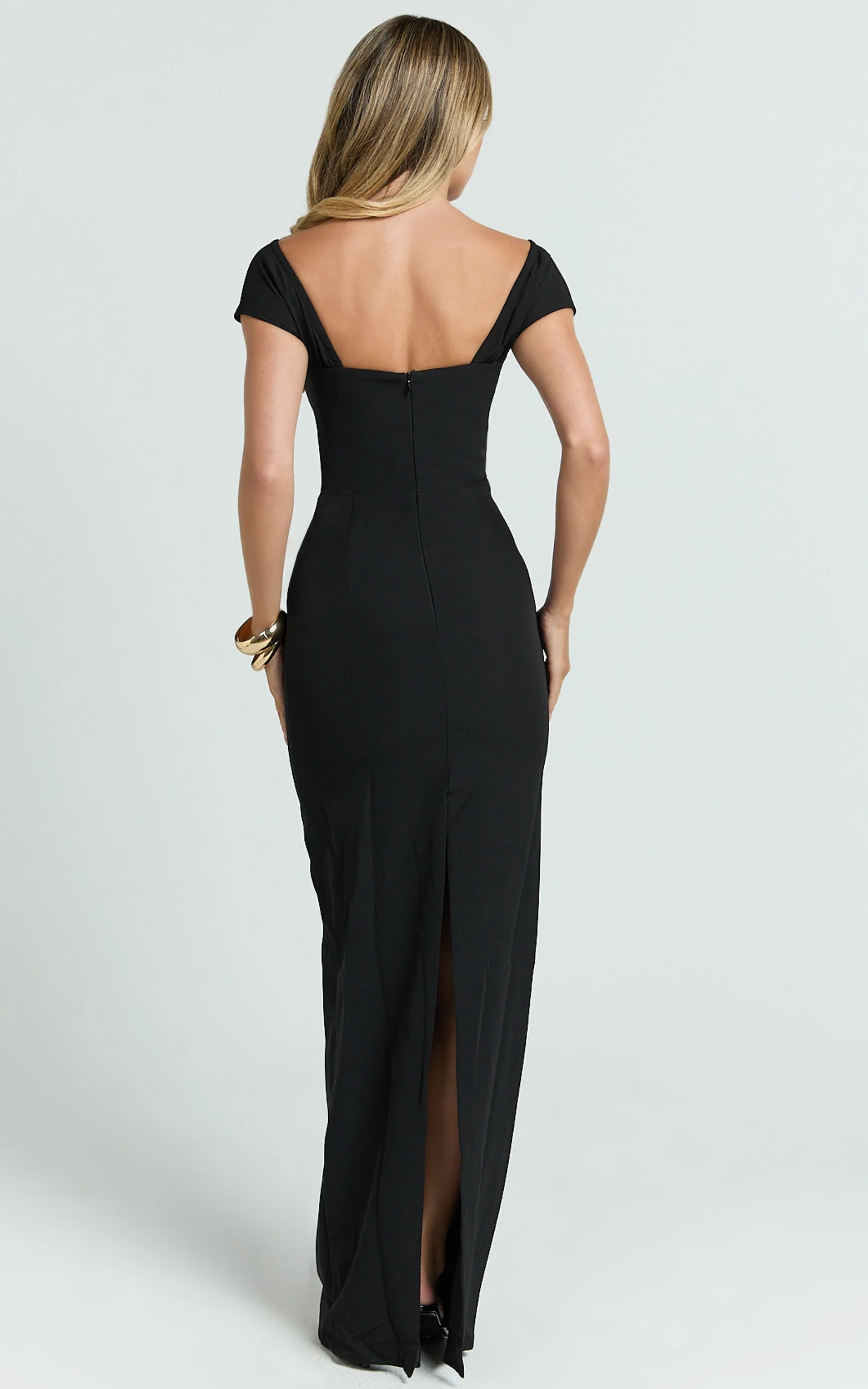 Veronika Maxi Dress - Off Shoulder Plunge High Split Dress in Black