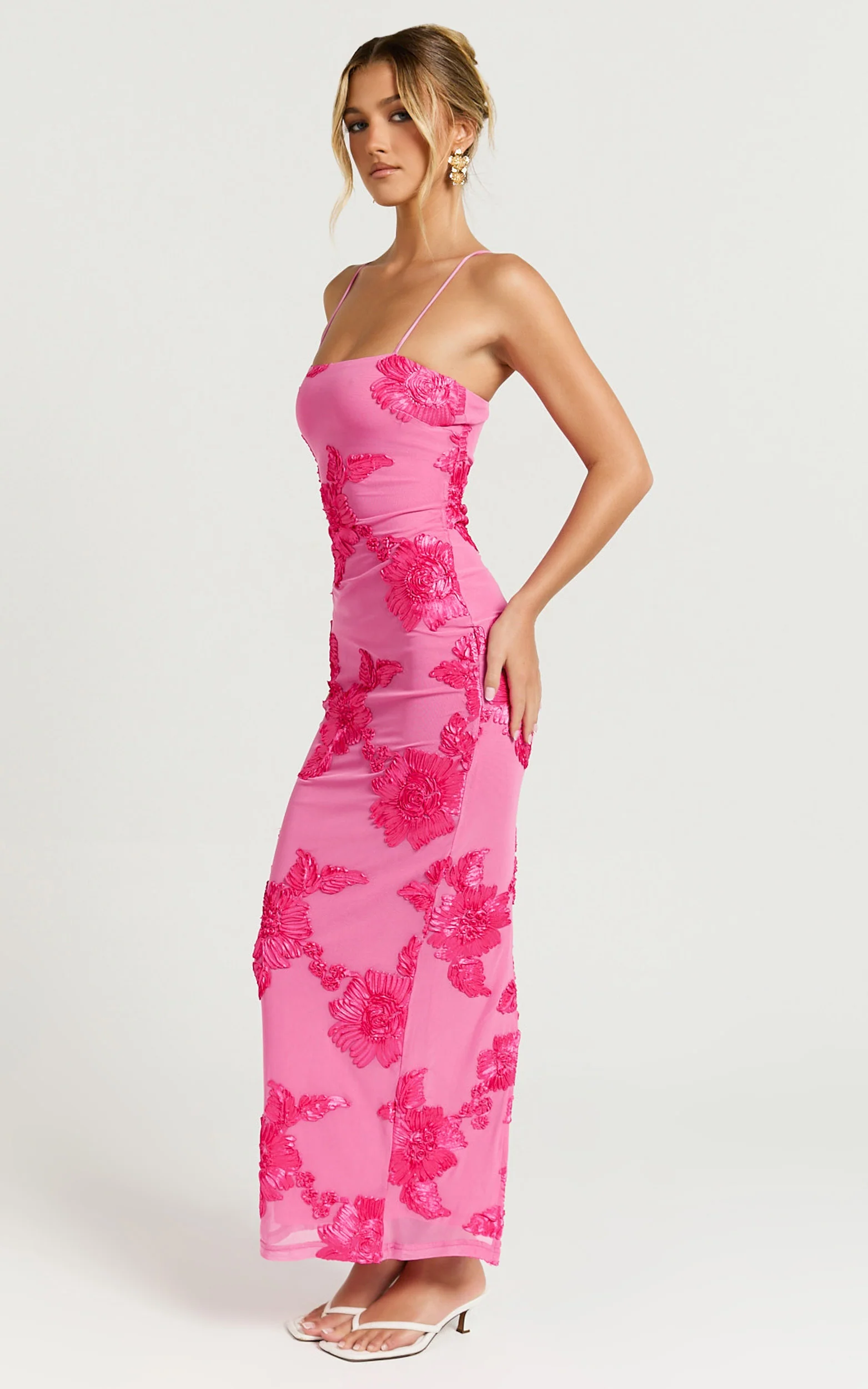 Mina Midi Dress - Embroidered Mesh Dress in Pink