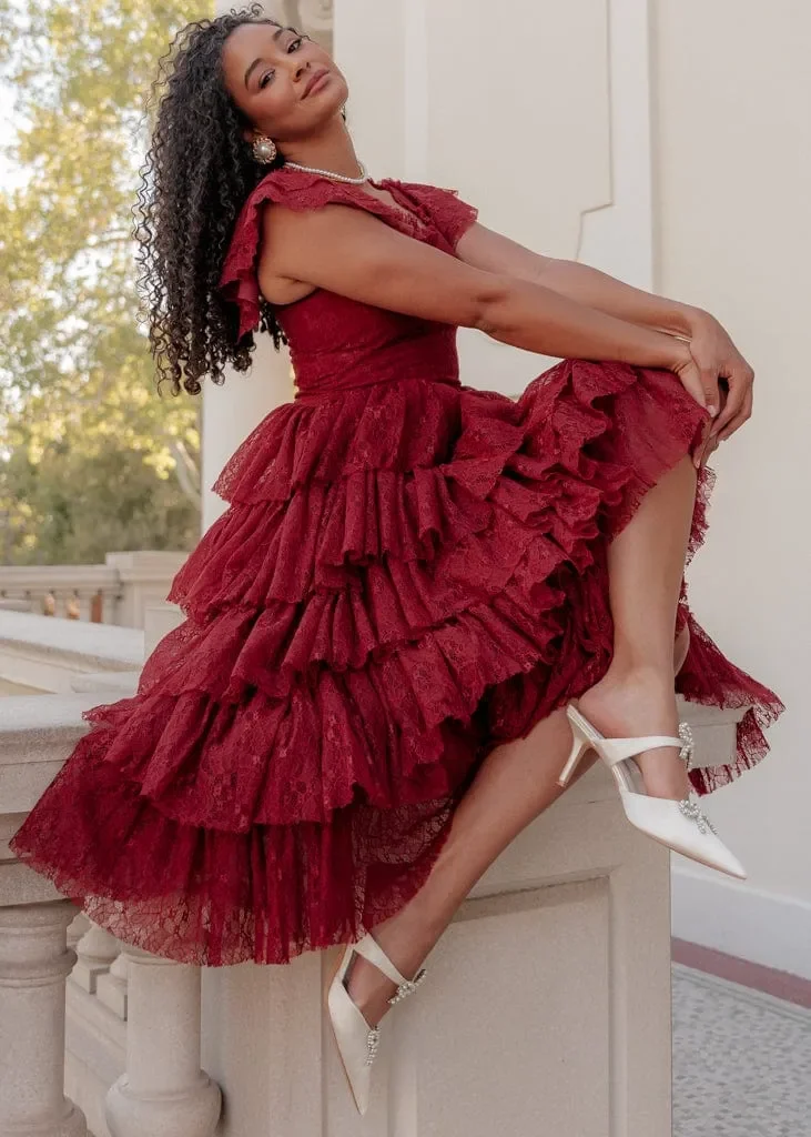 Romantic Ruffle Tiered Lace Midi Dress – Burgundy / Apricot / Black