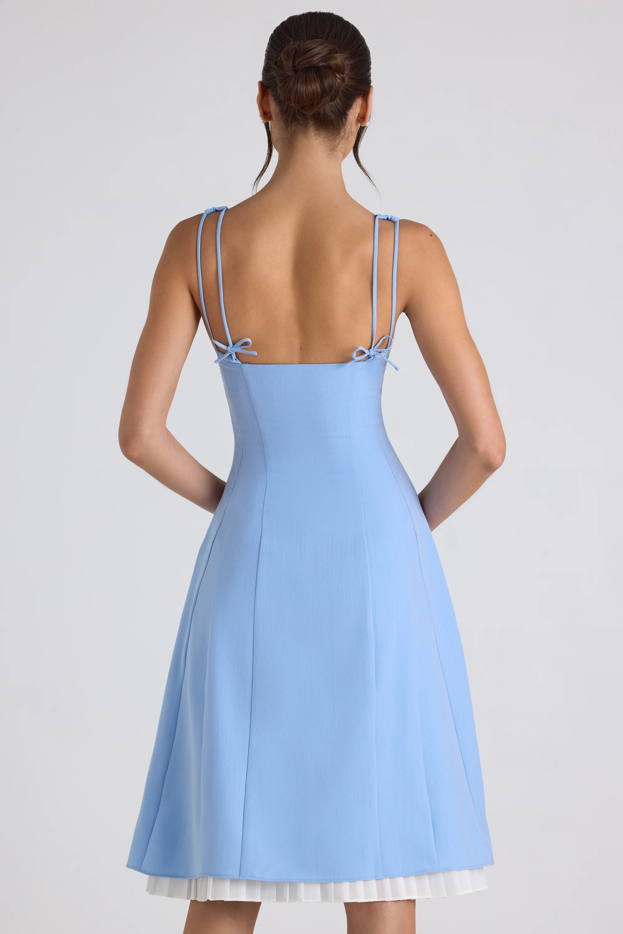 Bow-Detail Pleated A-Line Midi Dress in Sky Blue
