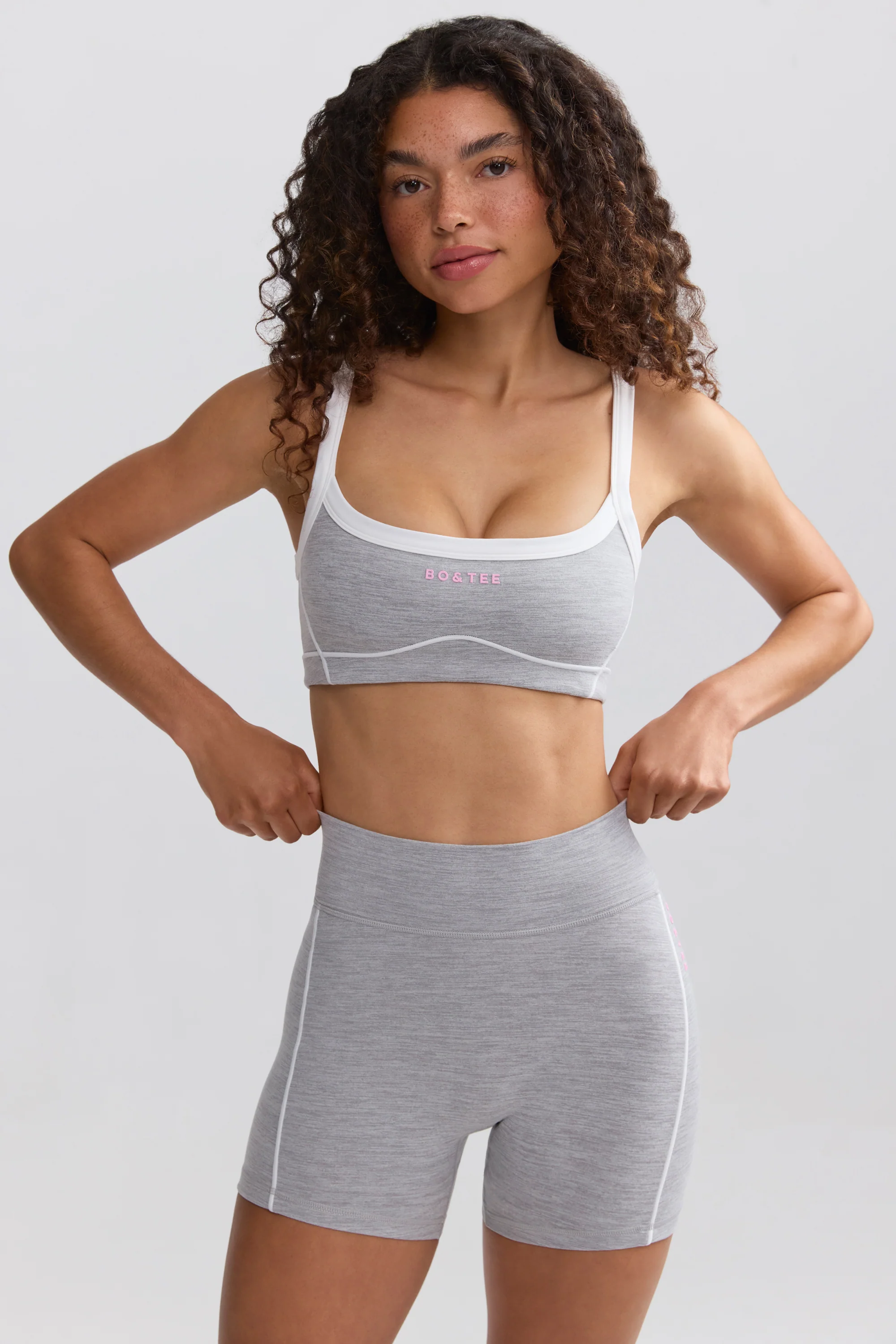 Soft Active Contrast-Trim Mini Shorts in Ice Grey