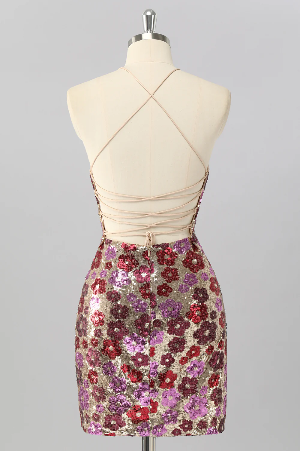 Sparkly Yellow Sequin Floral Backless Tight Short Homecoming Dress