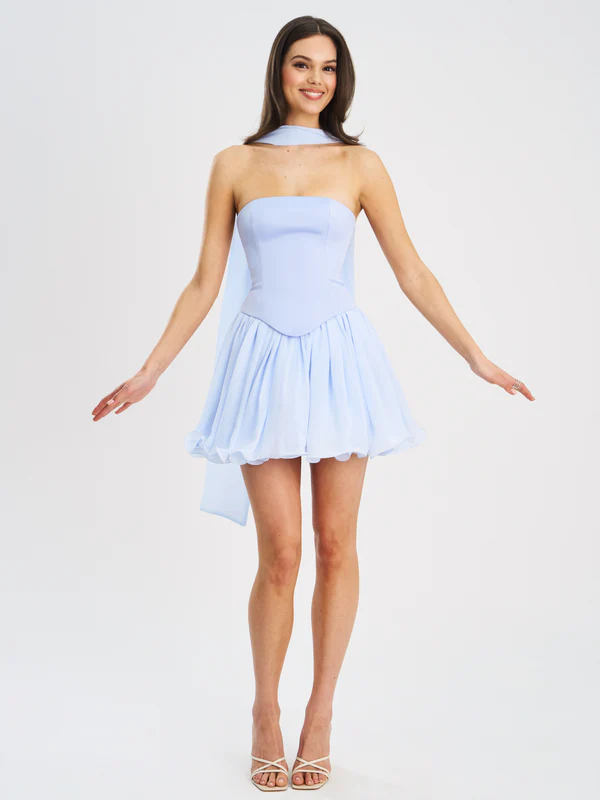 Valentina Baby Blue Boned Curve Edge Peplum Mini Dress