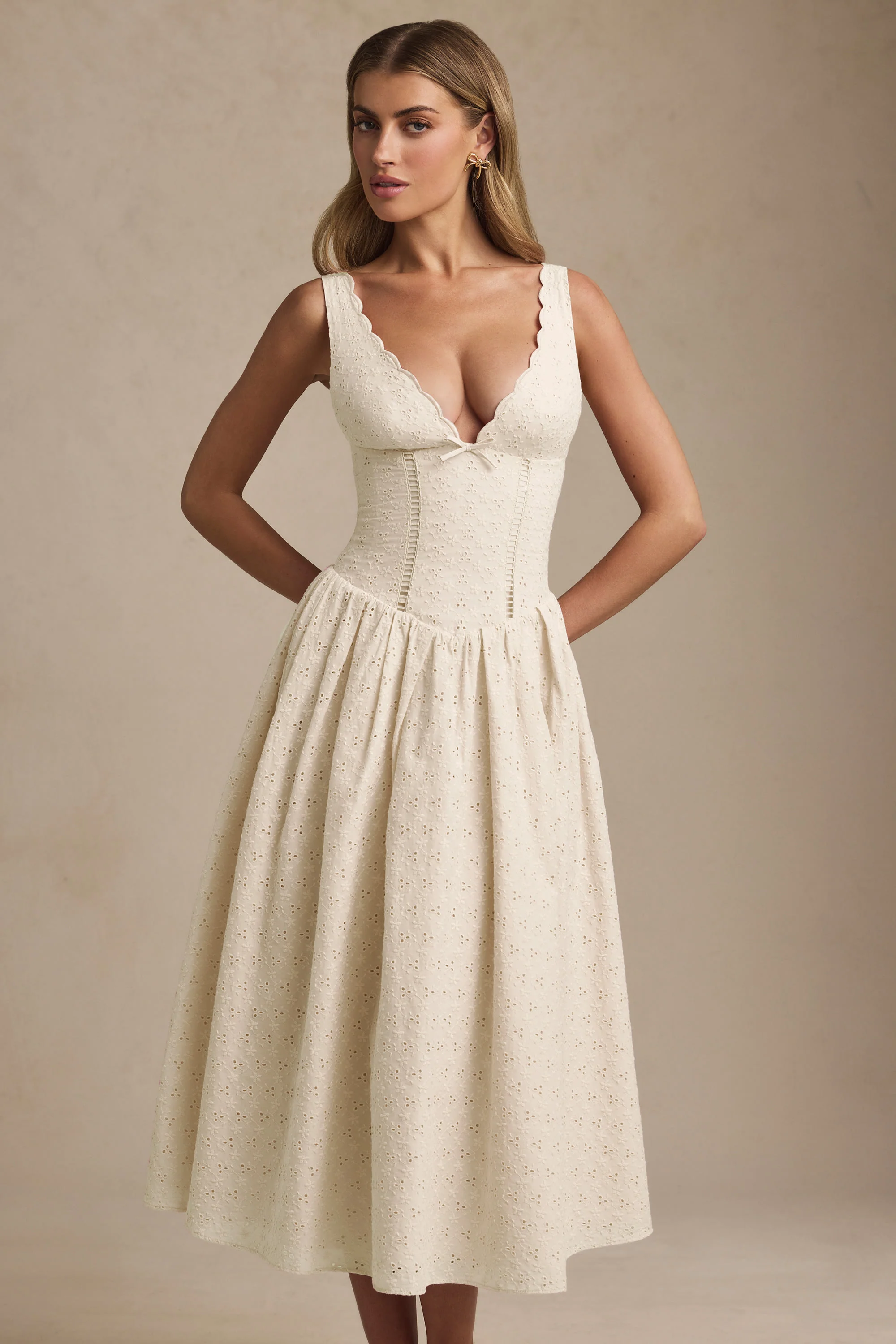 Broderie Anglaise Bow-Detail A-Line Midaxi Dress in Ivory