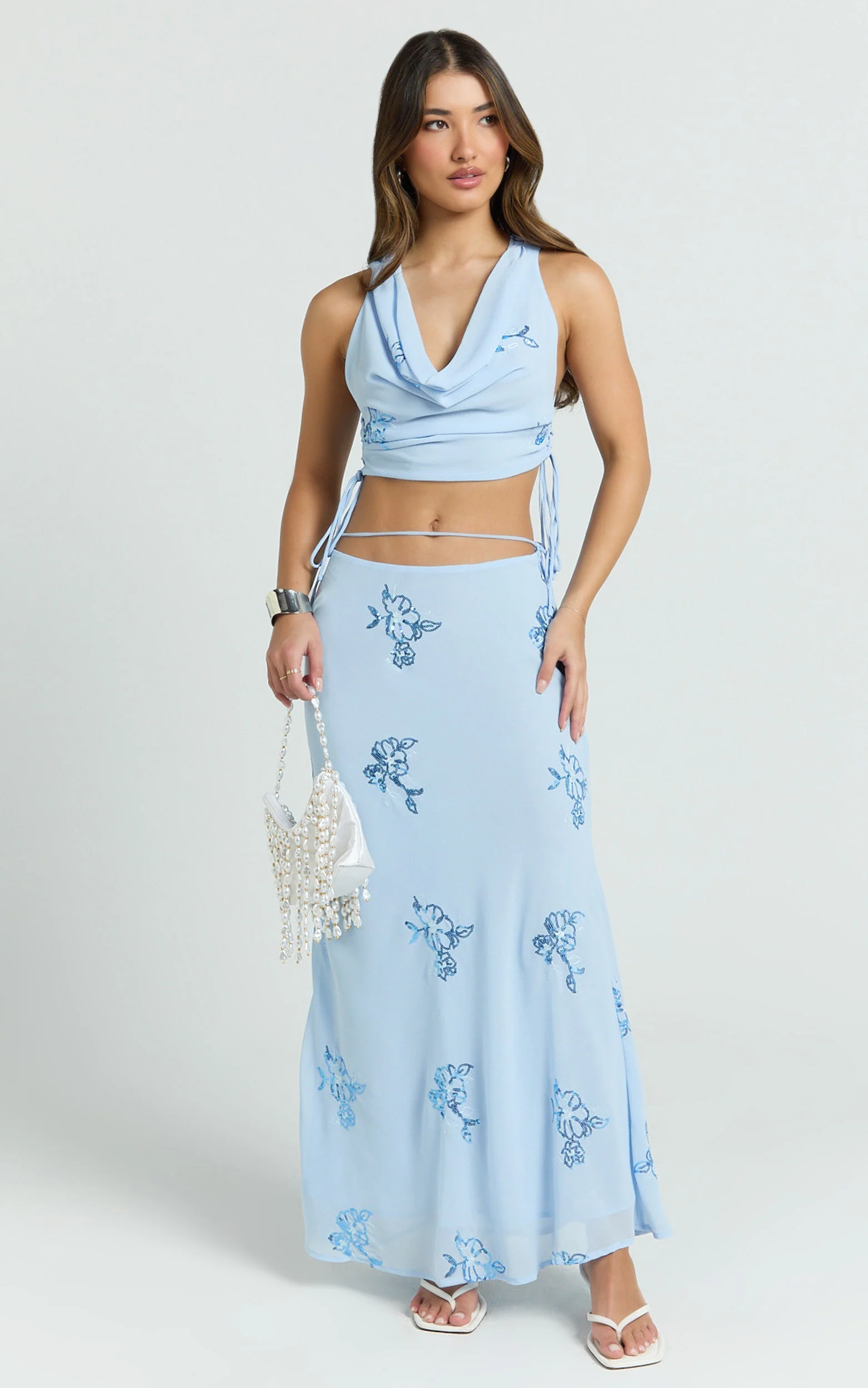 Aurora Two Piece Top and Skirt Set - Floral Sequin Cowl Neck Top And Maxi Skirt in Baby Blue