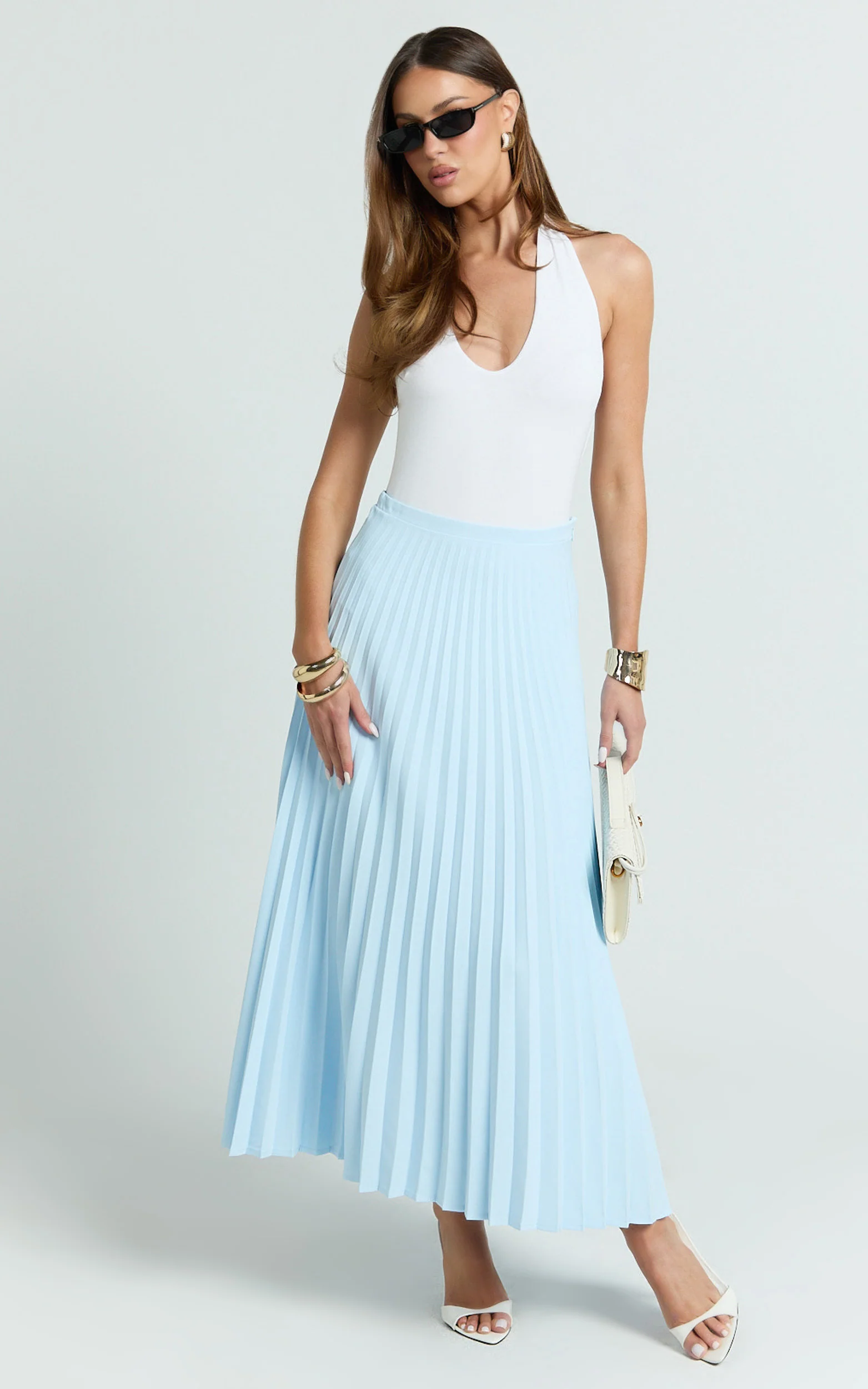 Harlee Midi Skirt - Pleated High Waist A Line Skirt in Pastel Blue